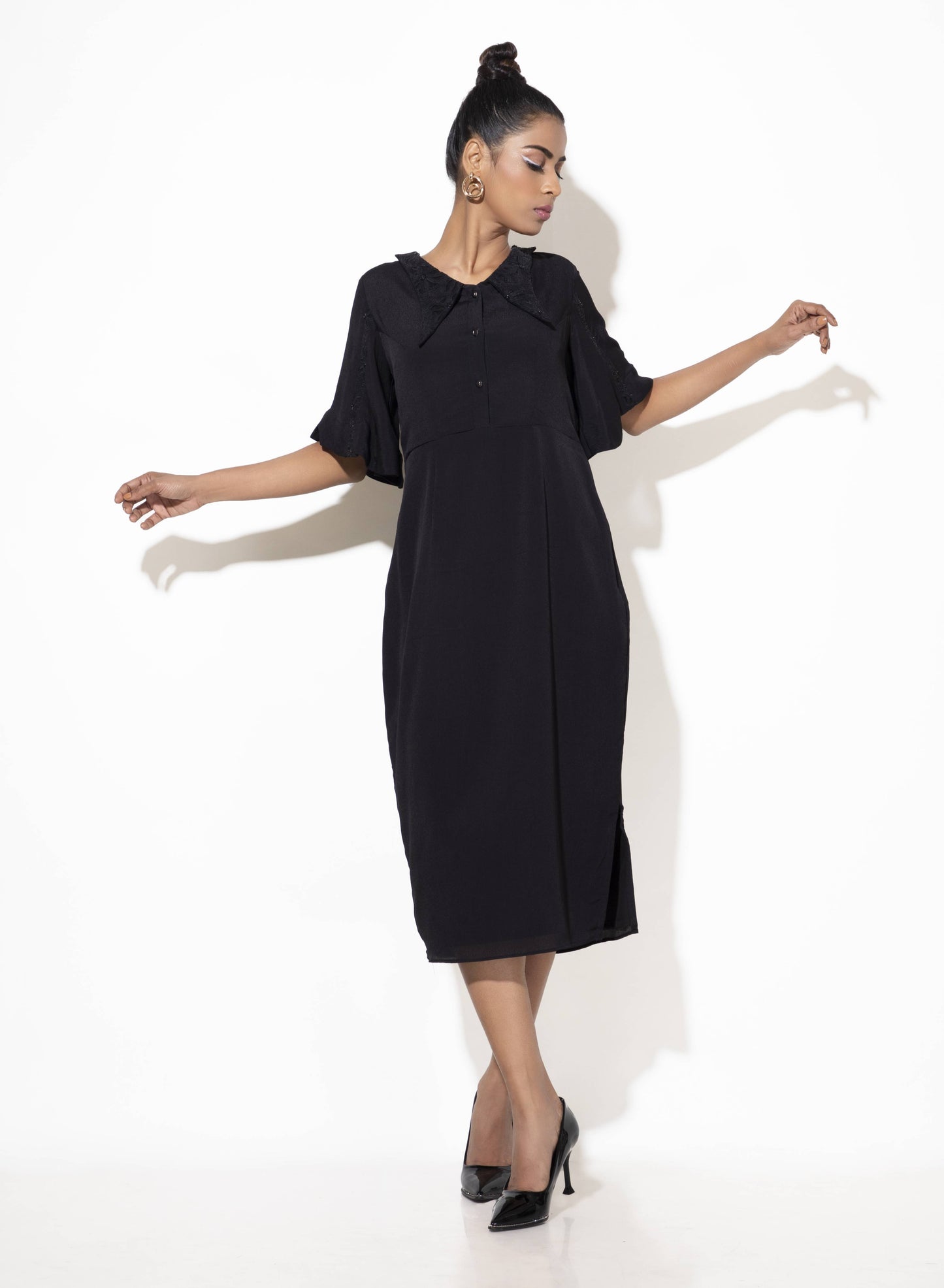 Butterfly Collar Calf-length Dress with Embroidered Flare Sleeves - Arimi - House Of Design