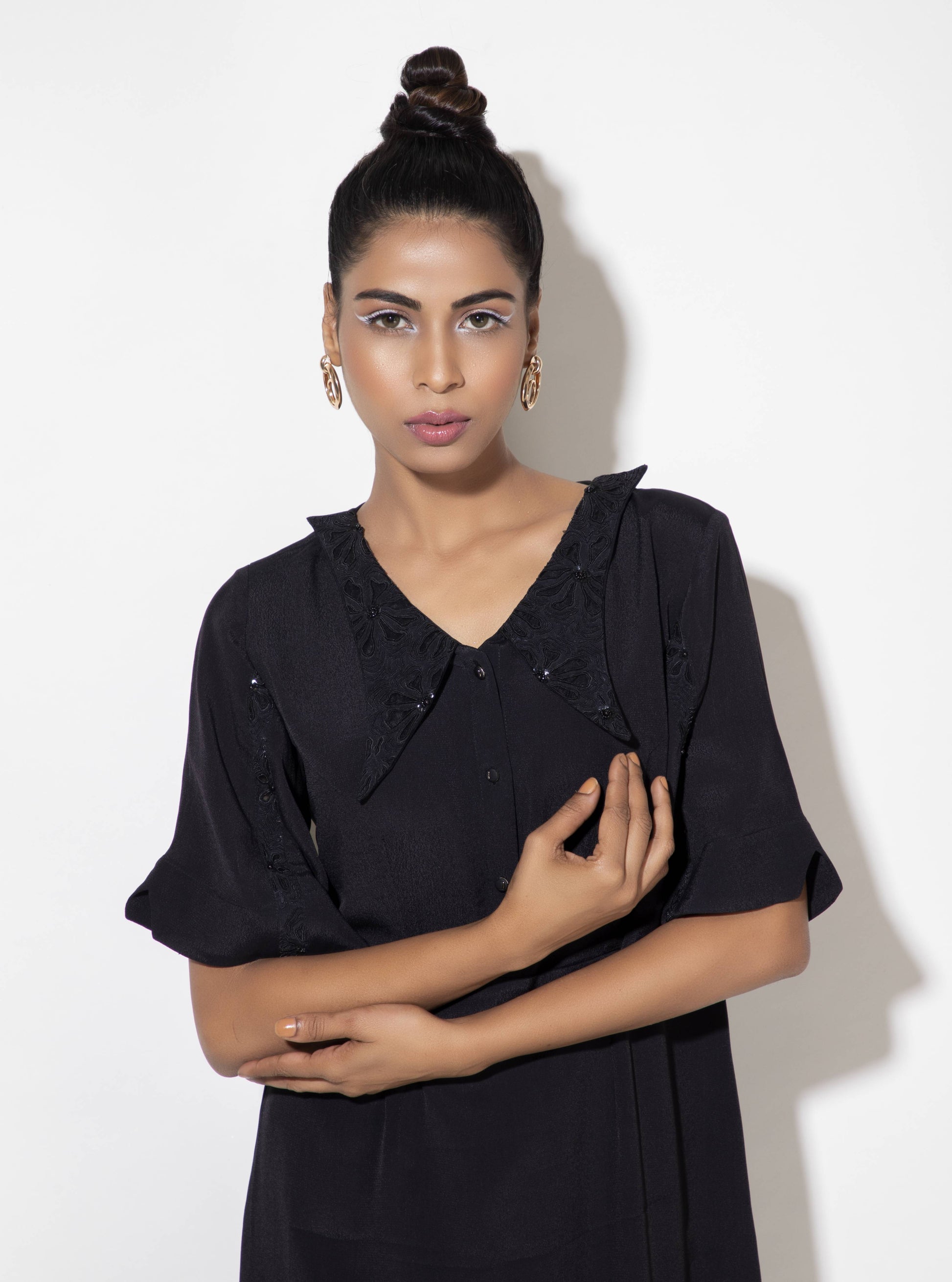 Butterfly Collar Calf-length Dress with Embroidered Flare Sleeves - Arimi - House Of Design