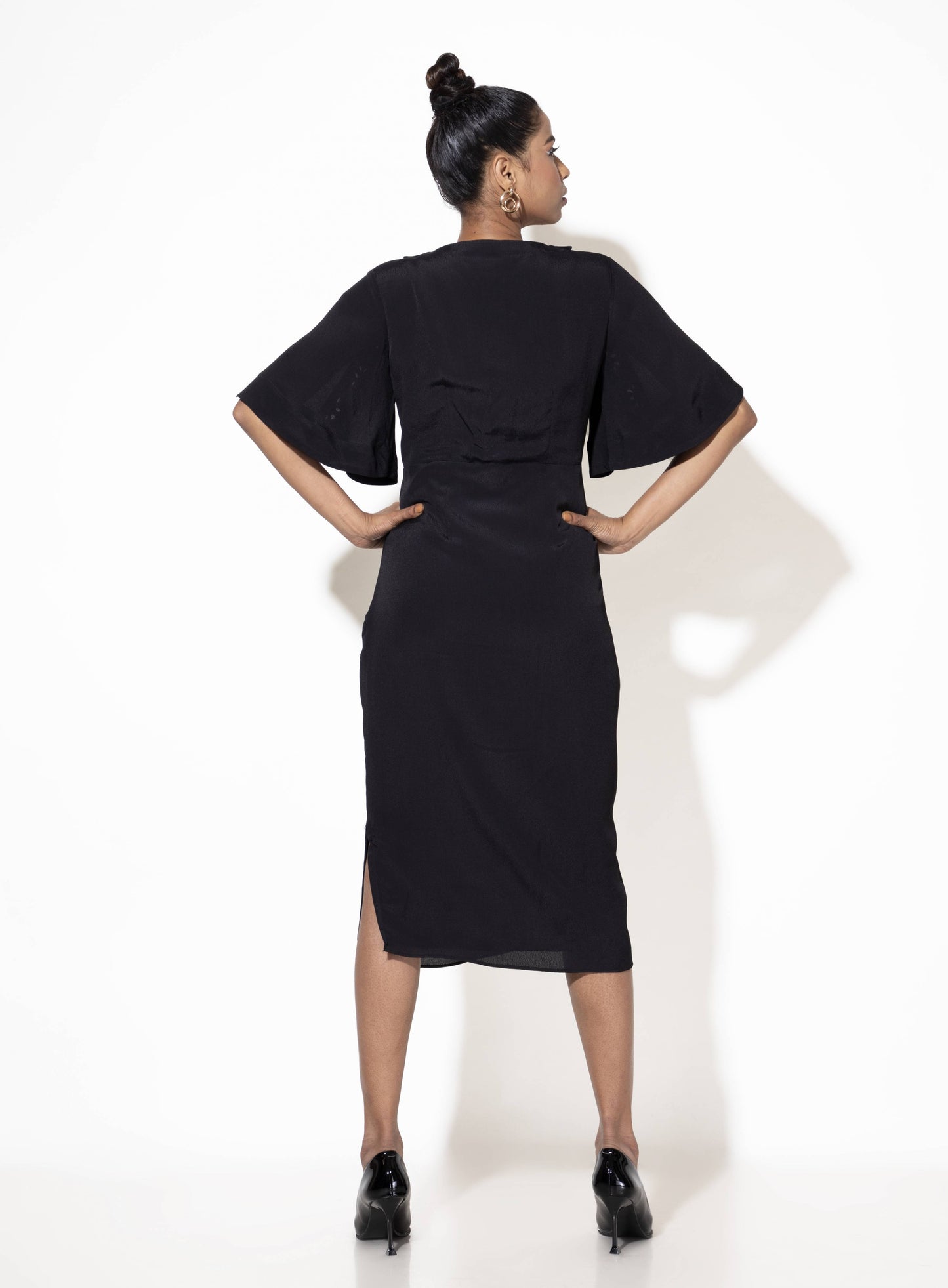 Butterfly Collar Calf-length Dress with Embroidered Flare Sleeves - Arimi - House Of Design