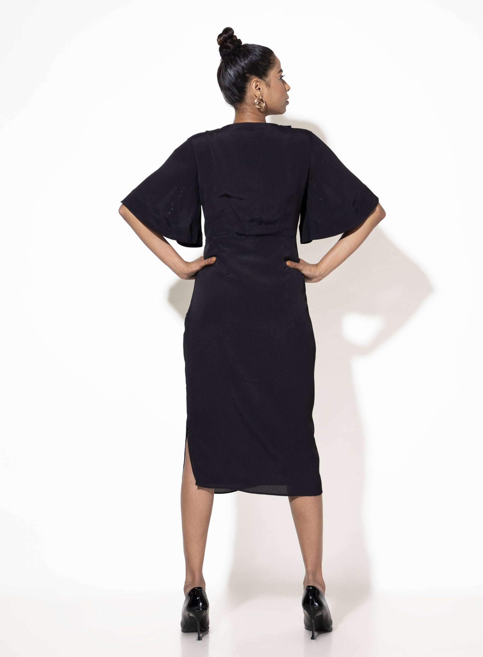 Butterfly Collar Calf-length Dress with Embroidered Flare Sleeves - Arimi - House Of Design