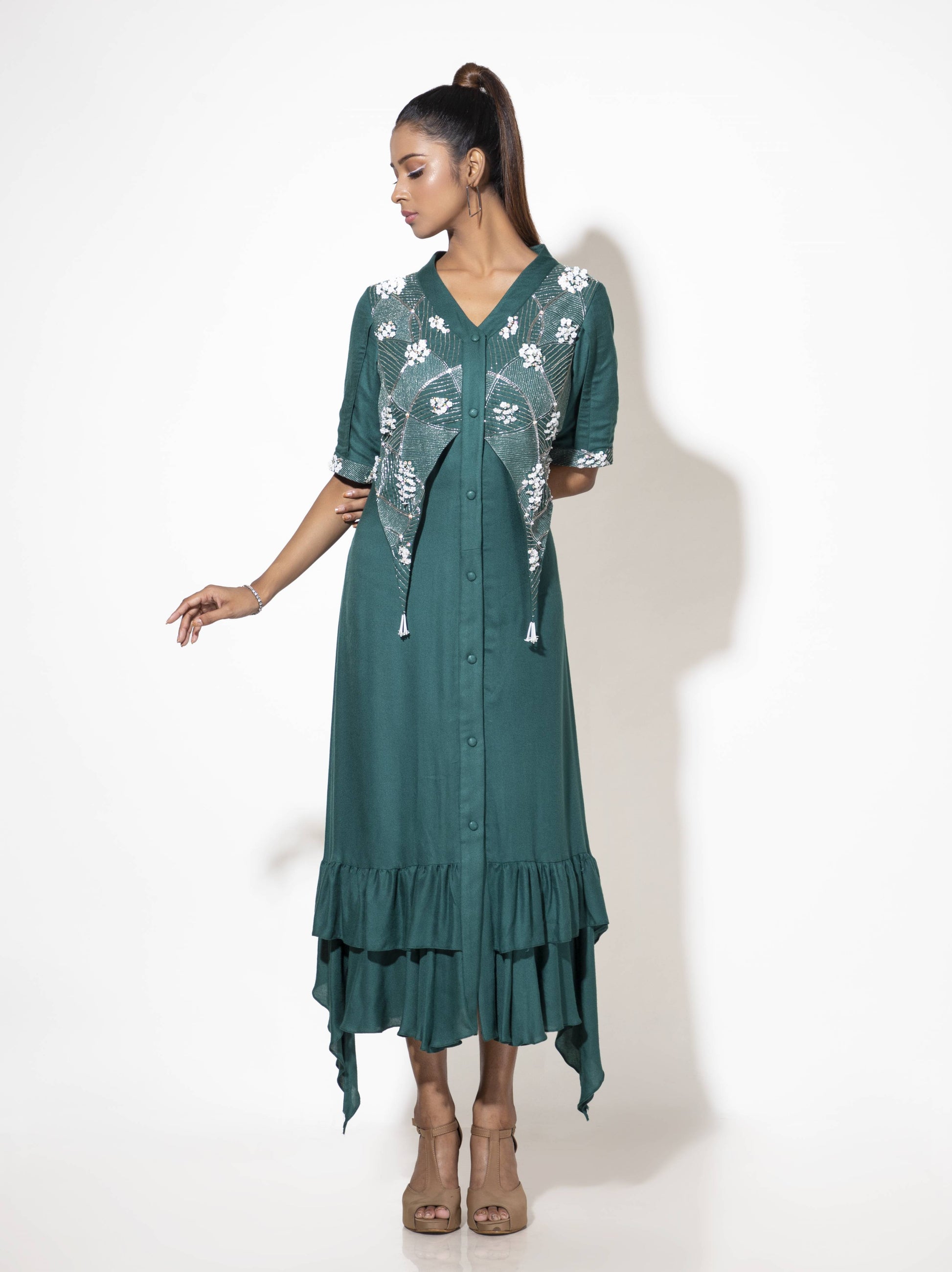 Green V Layer Dress - Arimi - House Of Design