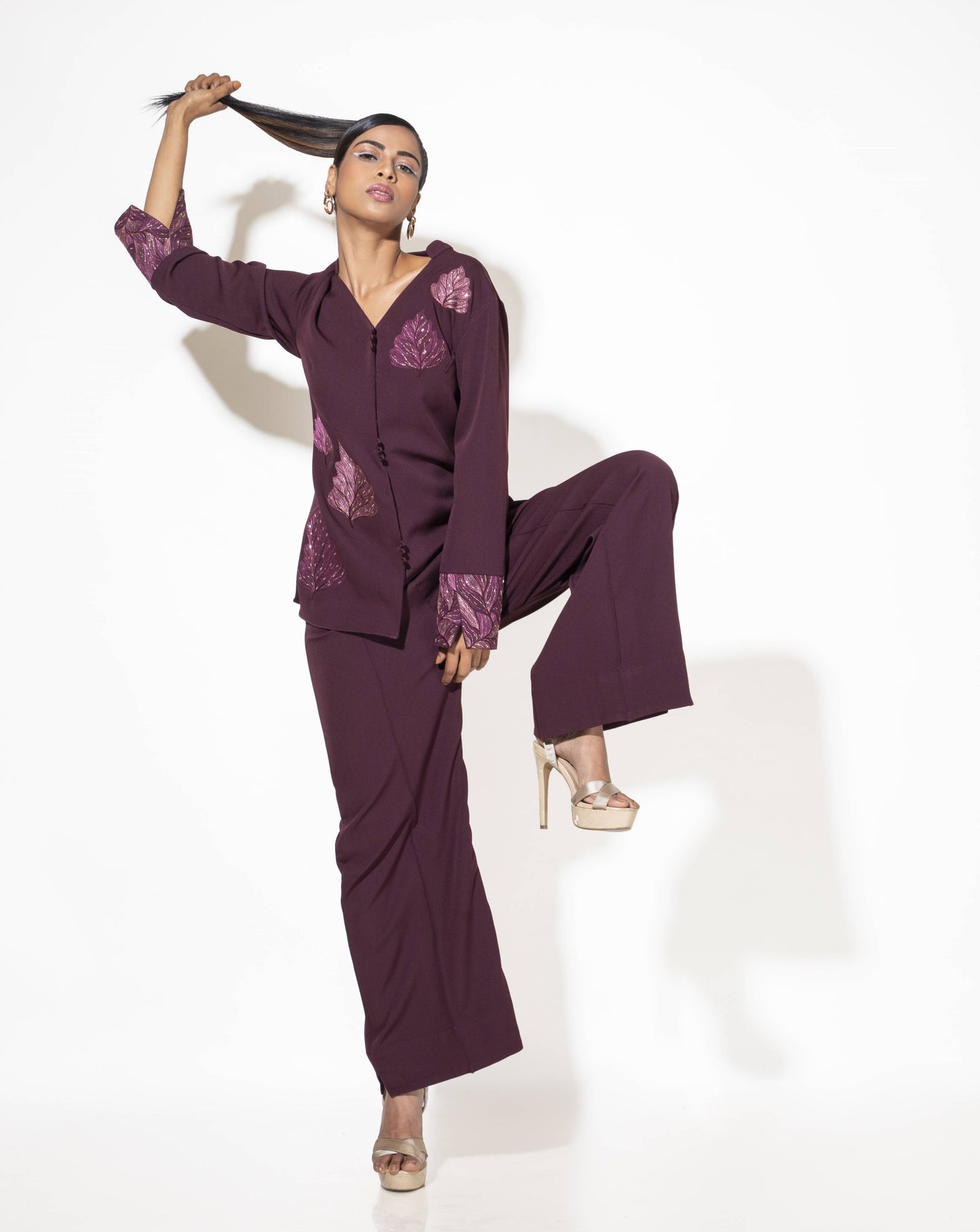 Burgundy Leaf Detail Embroidered Co-ord set - Arimi - House Of Design