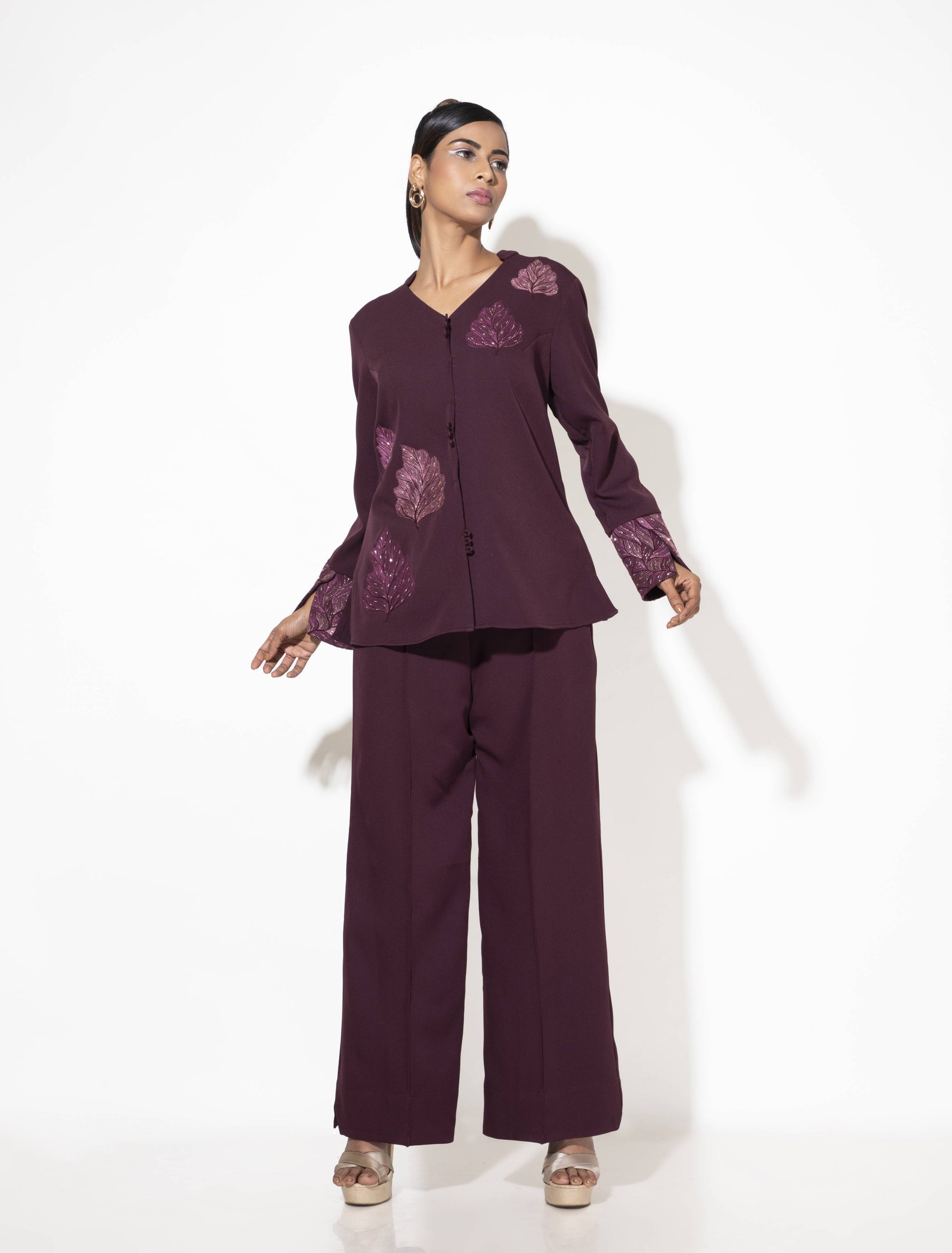 Burgundy Leaf Detail Embroidered Co-ord set - Arimi - House Of Design