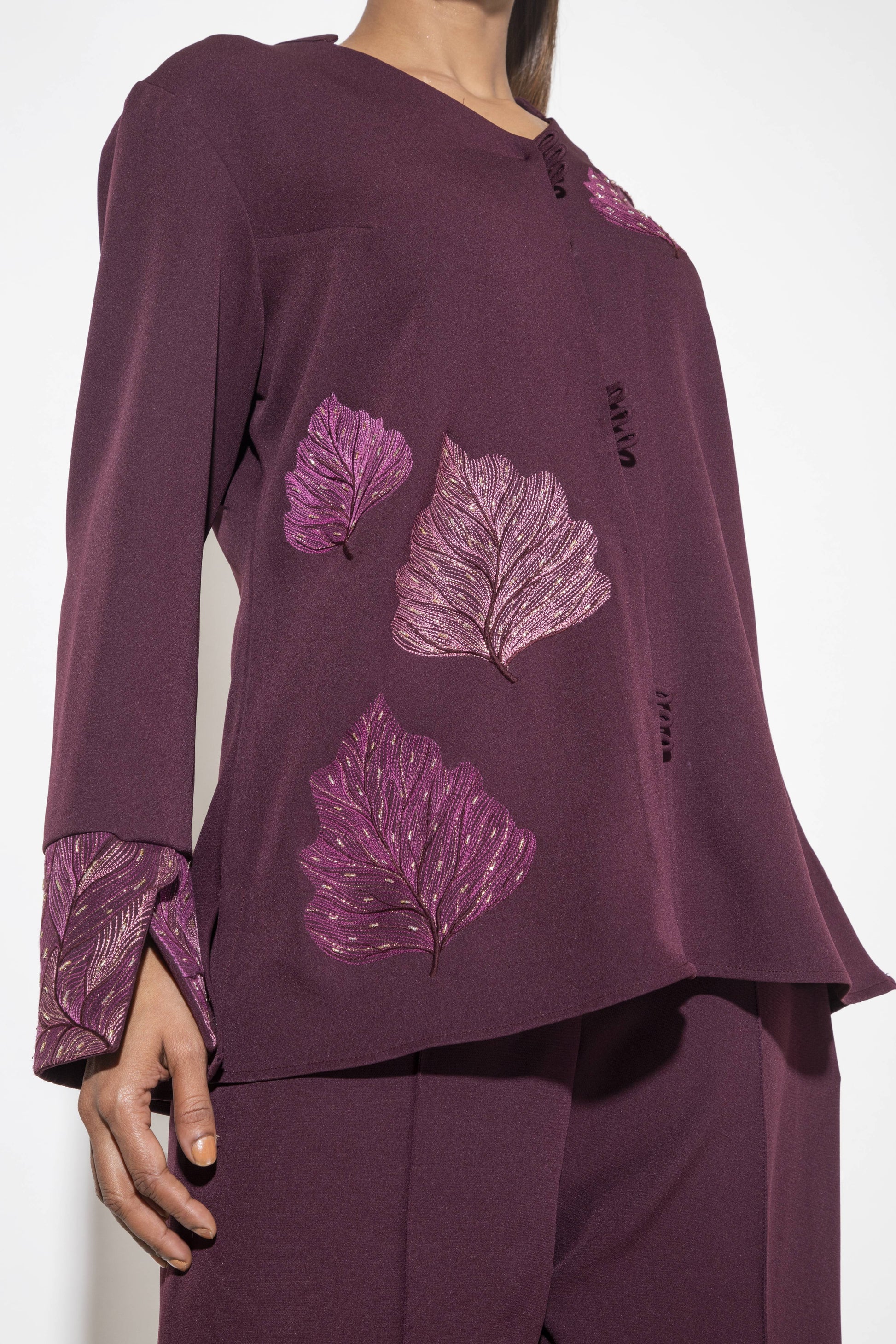 Burgundy Leaf Detail Embroidered Co-ord set - Arimi - House Of Design