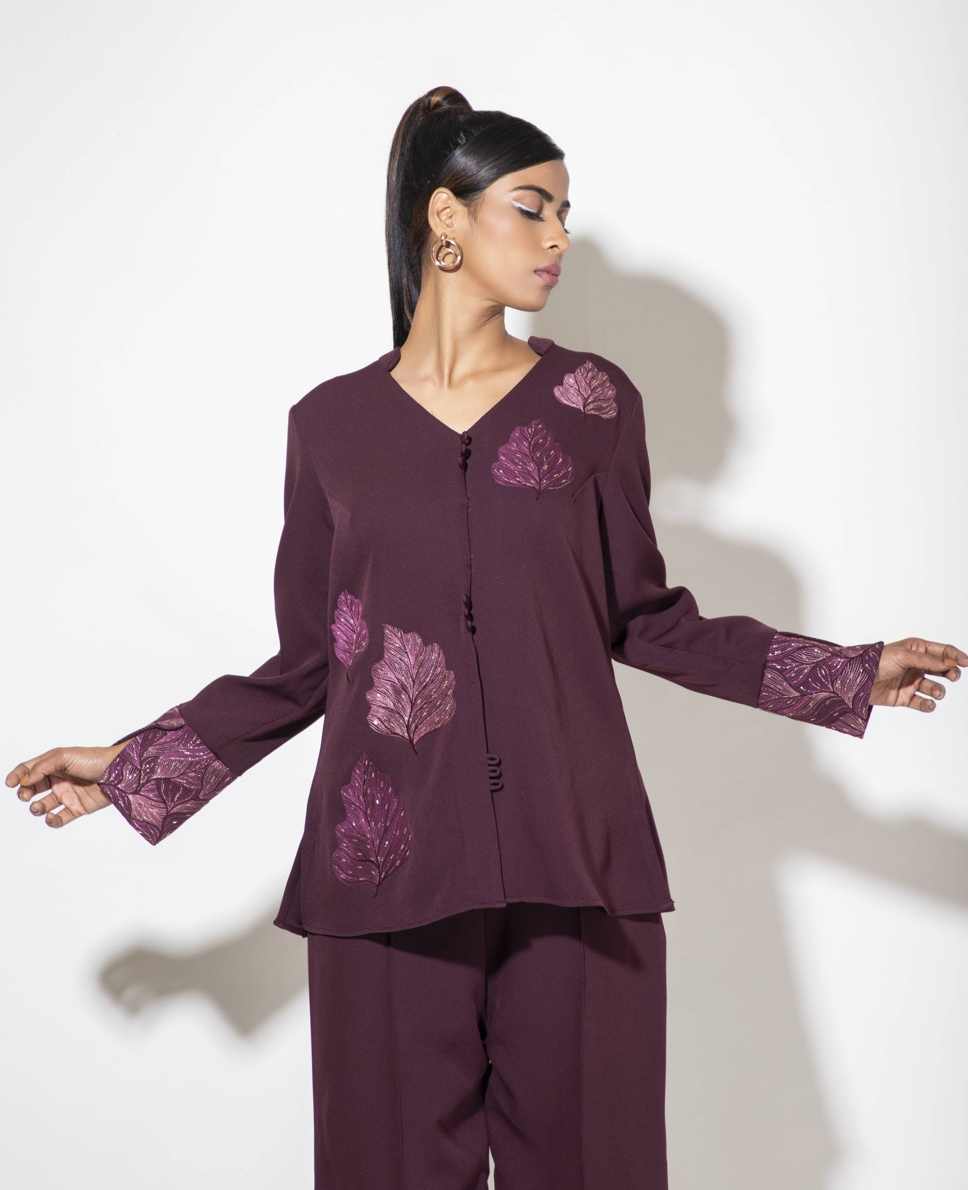 Burgundy Leaf Detail Embroidered Co-ord set - Arimi - House Of Design