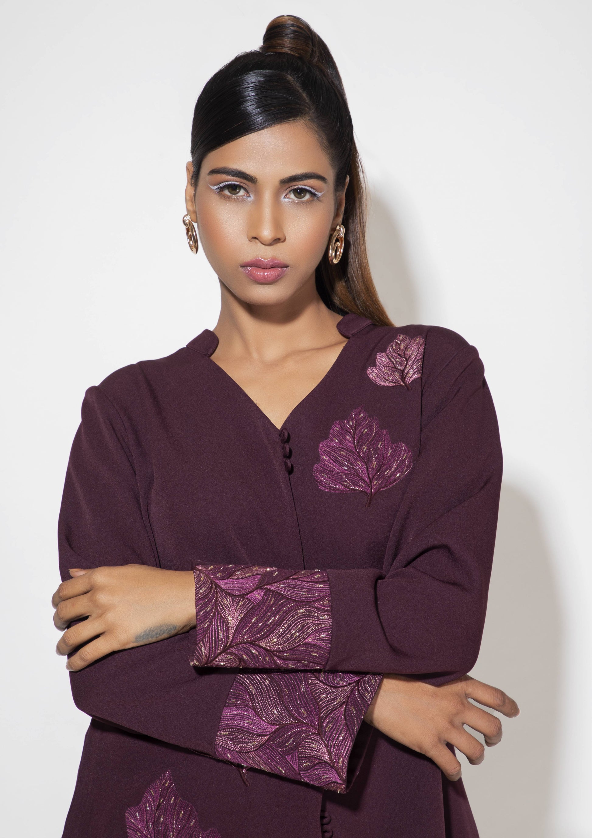 Burgundy Leaf Detail Embroidered Co-ord set - Arimi - House Of Design