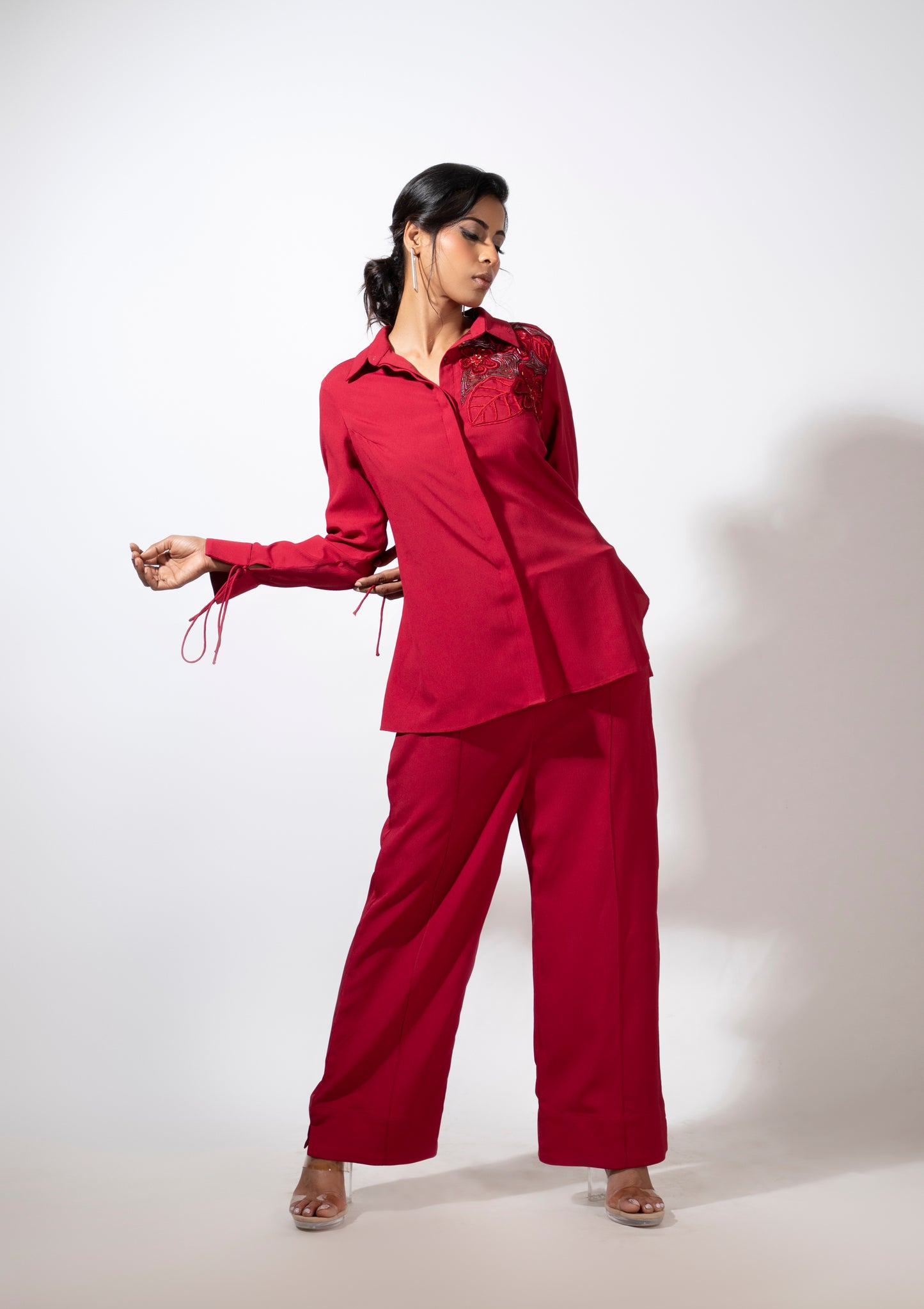 Embroidered Cuff-Tied Shirt Co-ord Set - Arimi - House Of Design