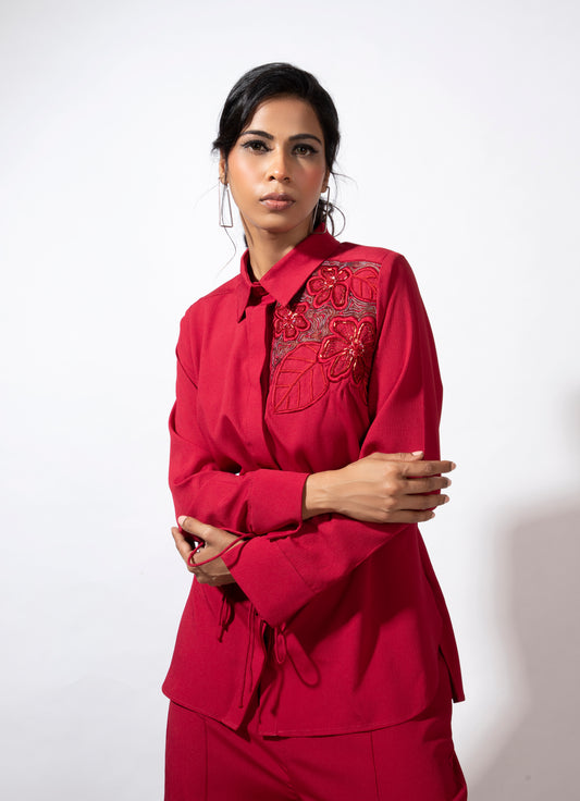 Embroidered Cuff-Tied Shirt Co-ord Set - Arimi - House Of Design