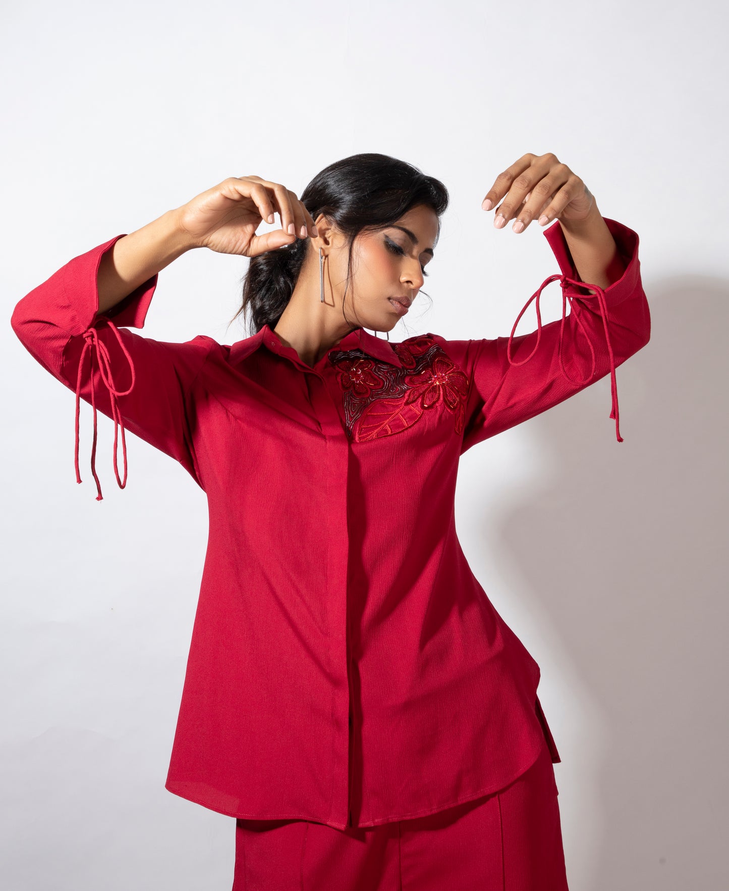 Embroidered Cuff-Tied Shirt Co-ord Set - Arimi - House Of Design