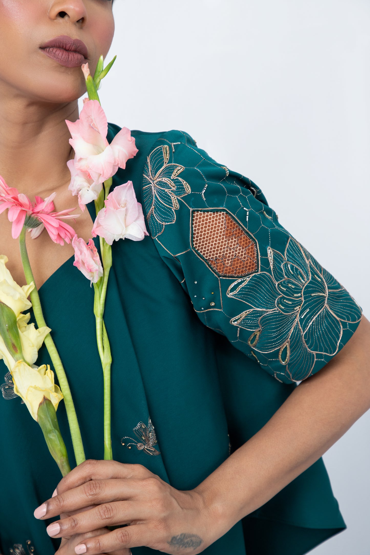 Floral honey comb  embroided sleeve bias  top set with layered pants - Arimi - House Of Design