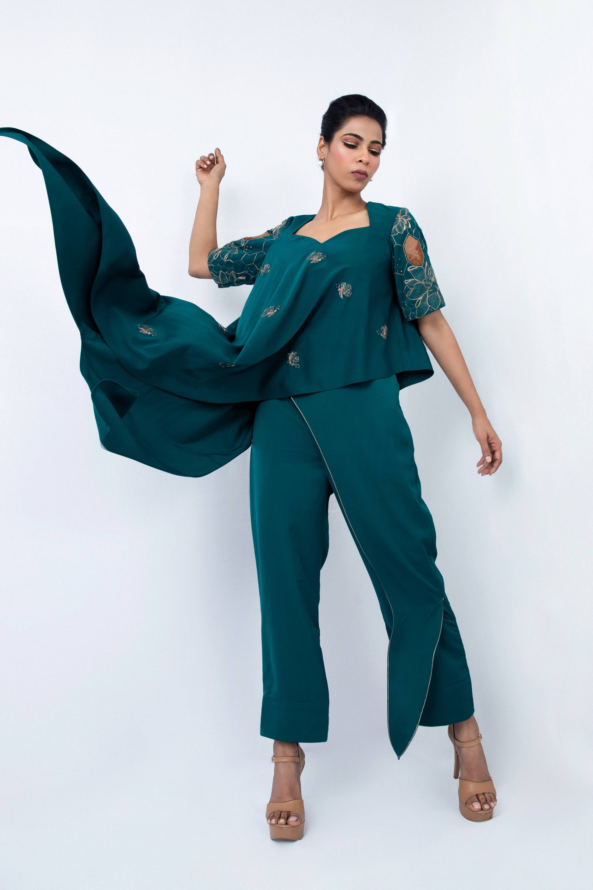 Floral honey comb  embroided sleeve bias  top set with layered pants - Arimi - House Of Design