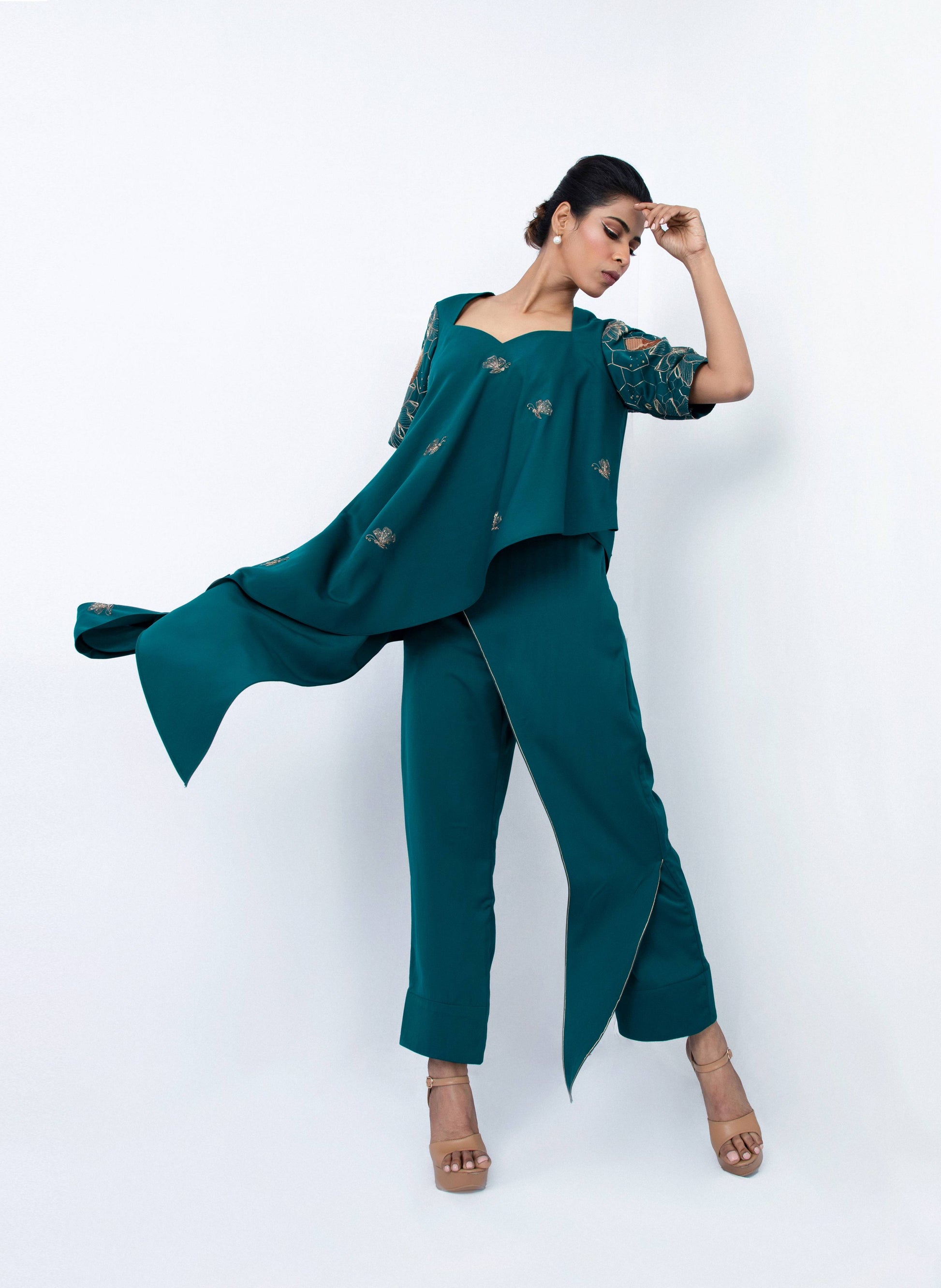 Floral honey comb  embroided sleeve bias  top set with layered pants - Arimi - House Of Design