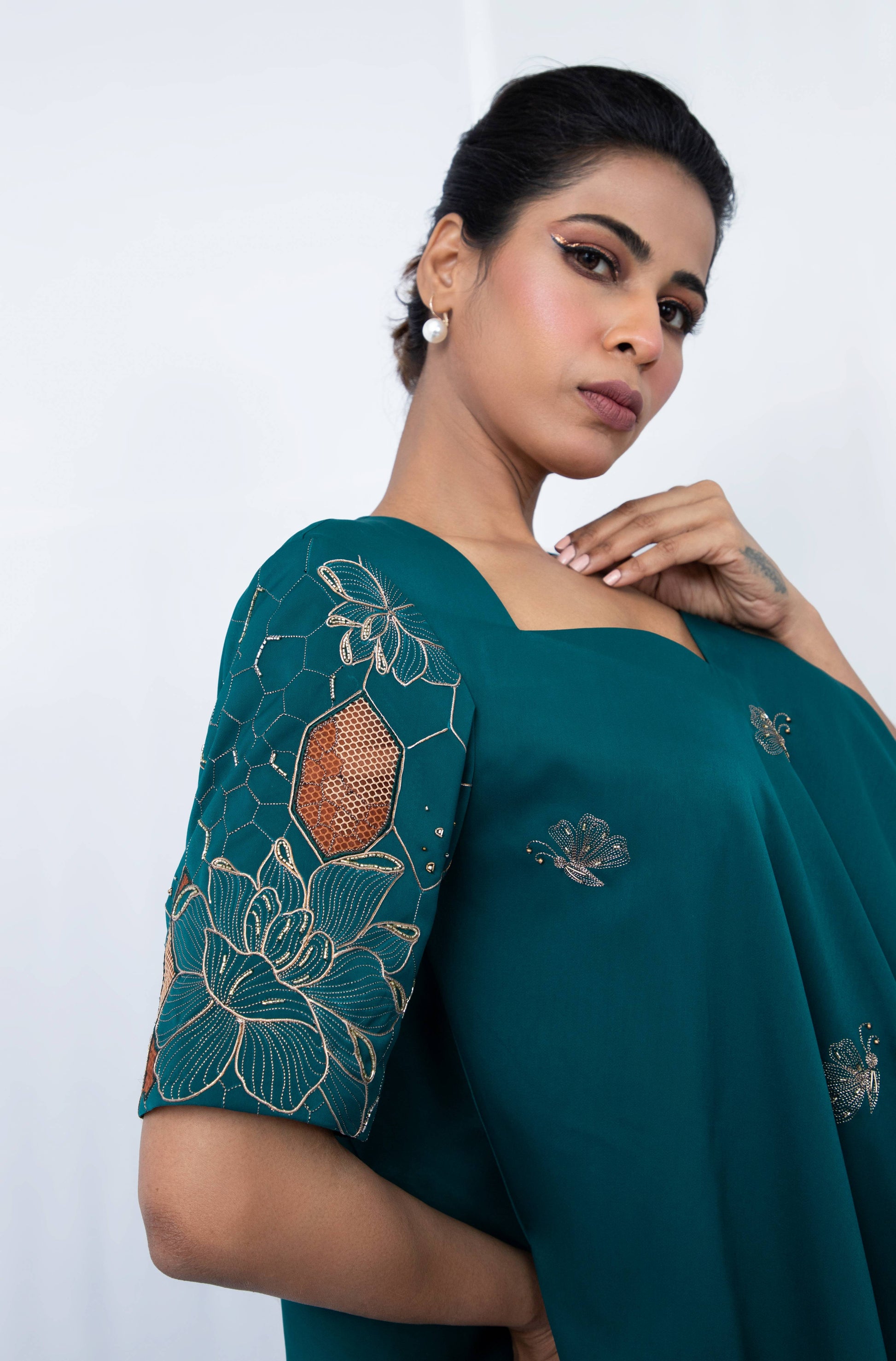 Floral honey comb  embroided sleeve bias  top set with layered pants - Arimi - House Of Design