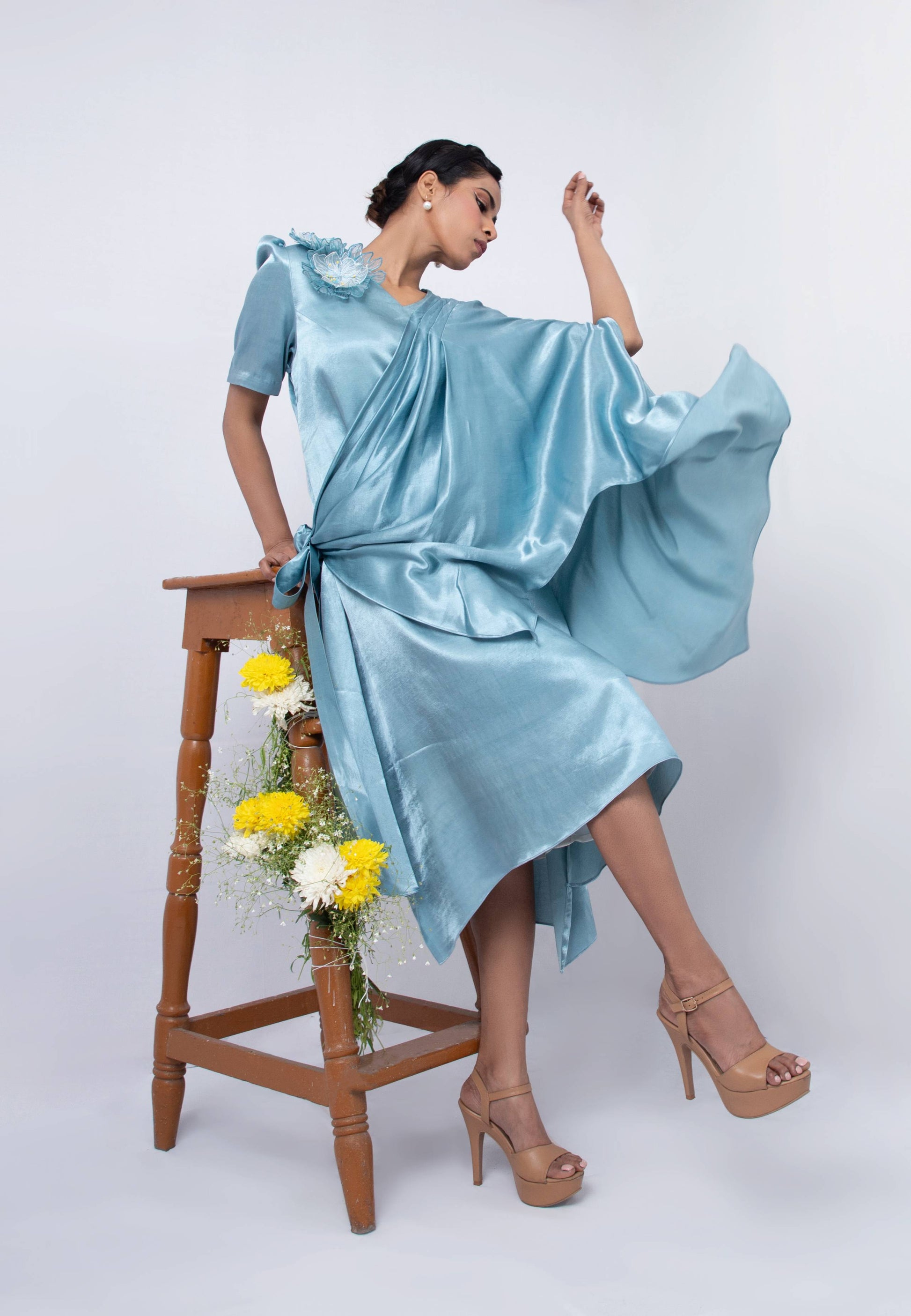 Tie up A-line  dress with elongated shrug - Arimi - House Of Design