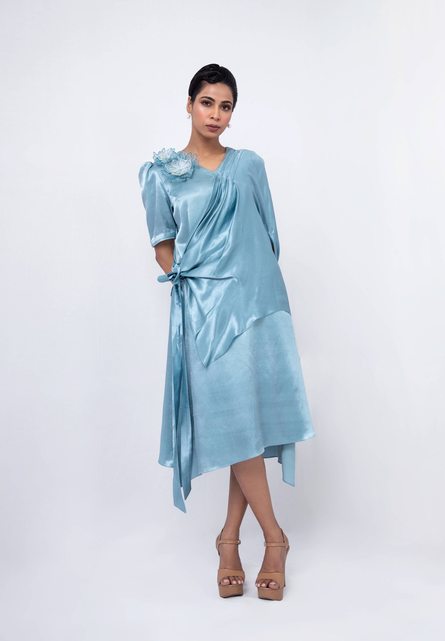 Tie up A-line  dress with elongated shrug - Arimi - House Of Design