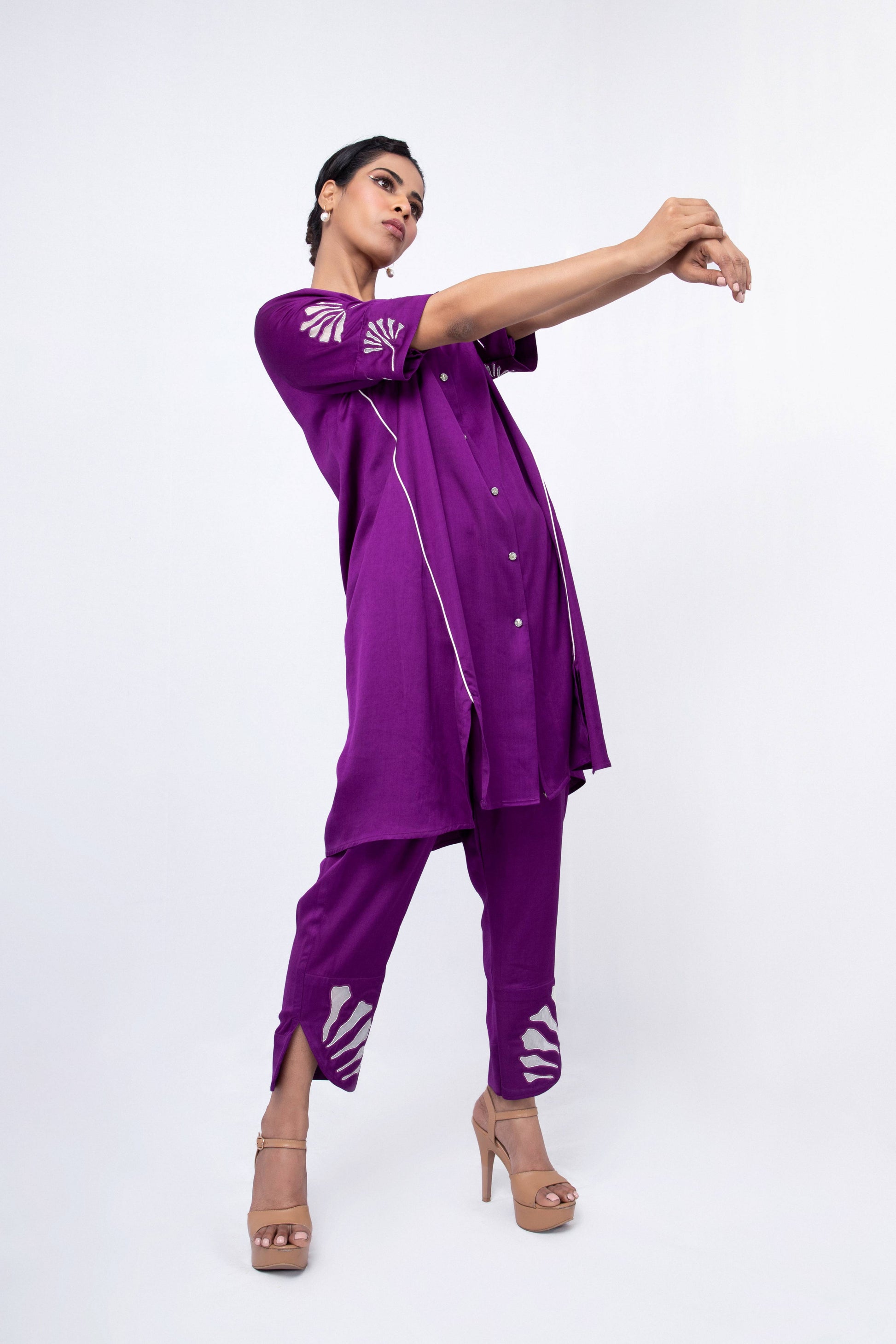 Floral cut work  long trapeze cord set - Arimi - House Of Design