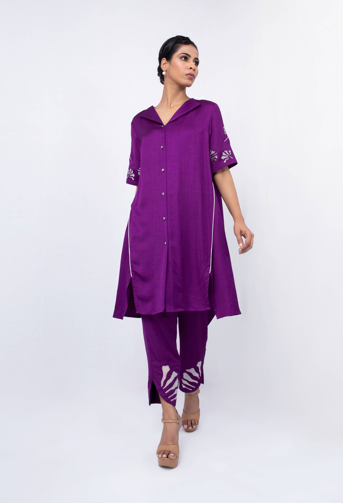 Floral cut work  long trapeze cord set - Arimi - House Of Design