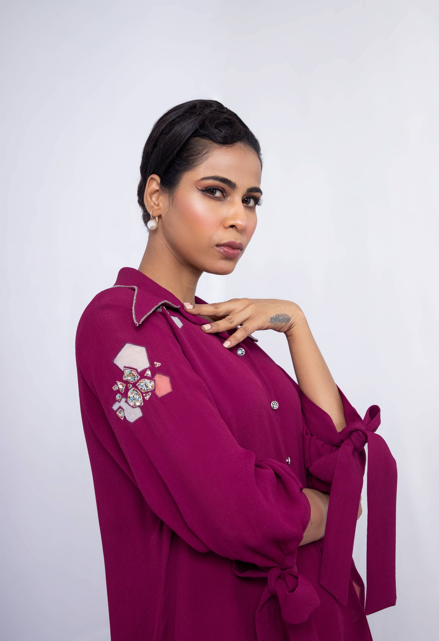 Off cut layered  dress with tie up sleeve - Arimi - House Of Design