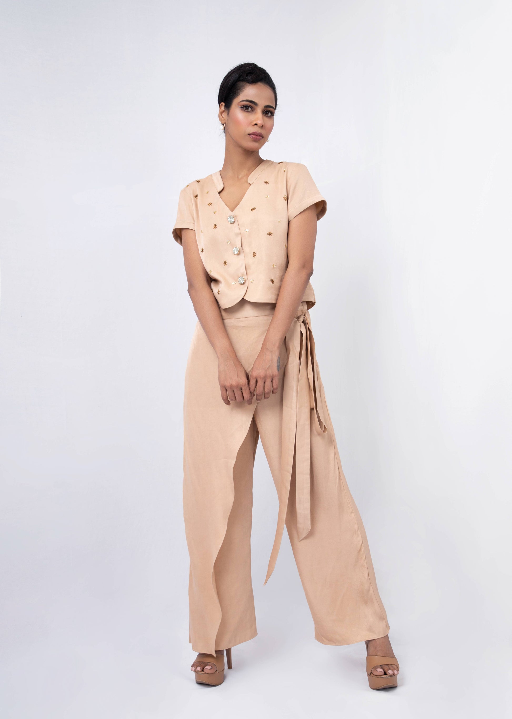 Micro embroided  waist coat set with A symmetric layered pant - Arimi - House Of Design