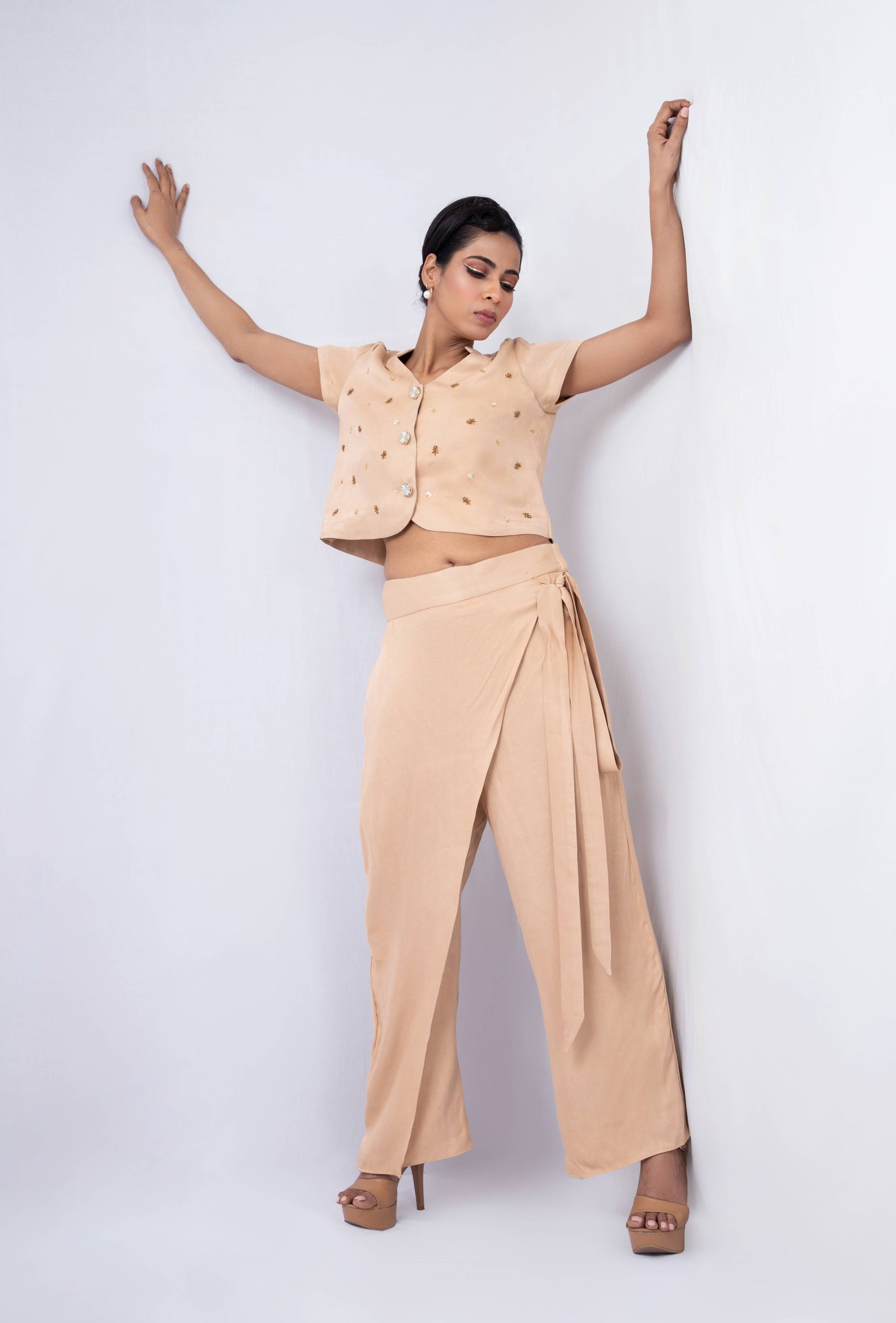 Micro embroided  waist coat set with A symmetric layered pant - Arimi - House Of Design