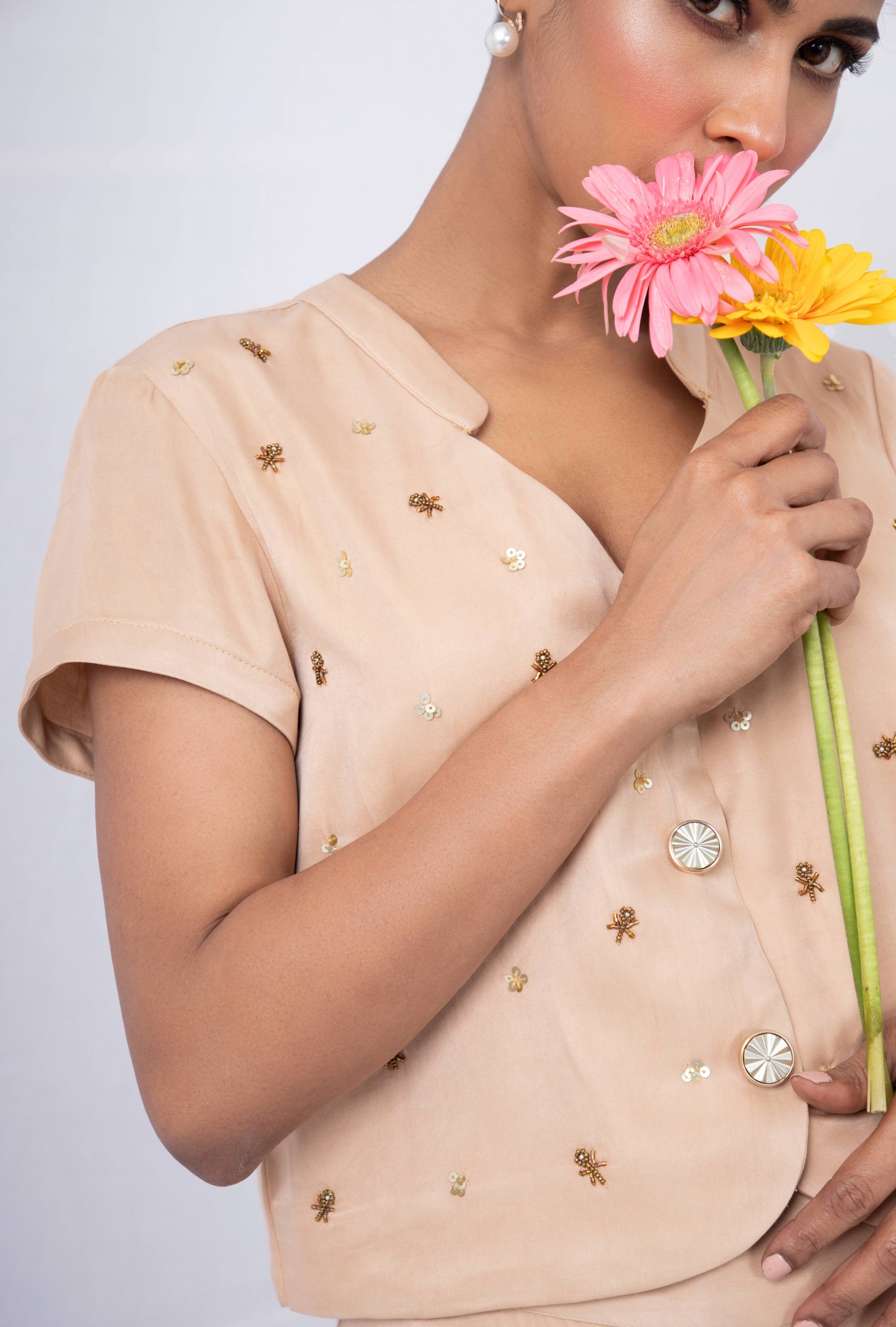 Micro embroided  waist coat set with A symmetric layered pant - Arimi - House Of Design