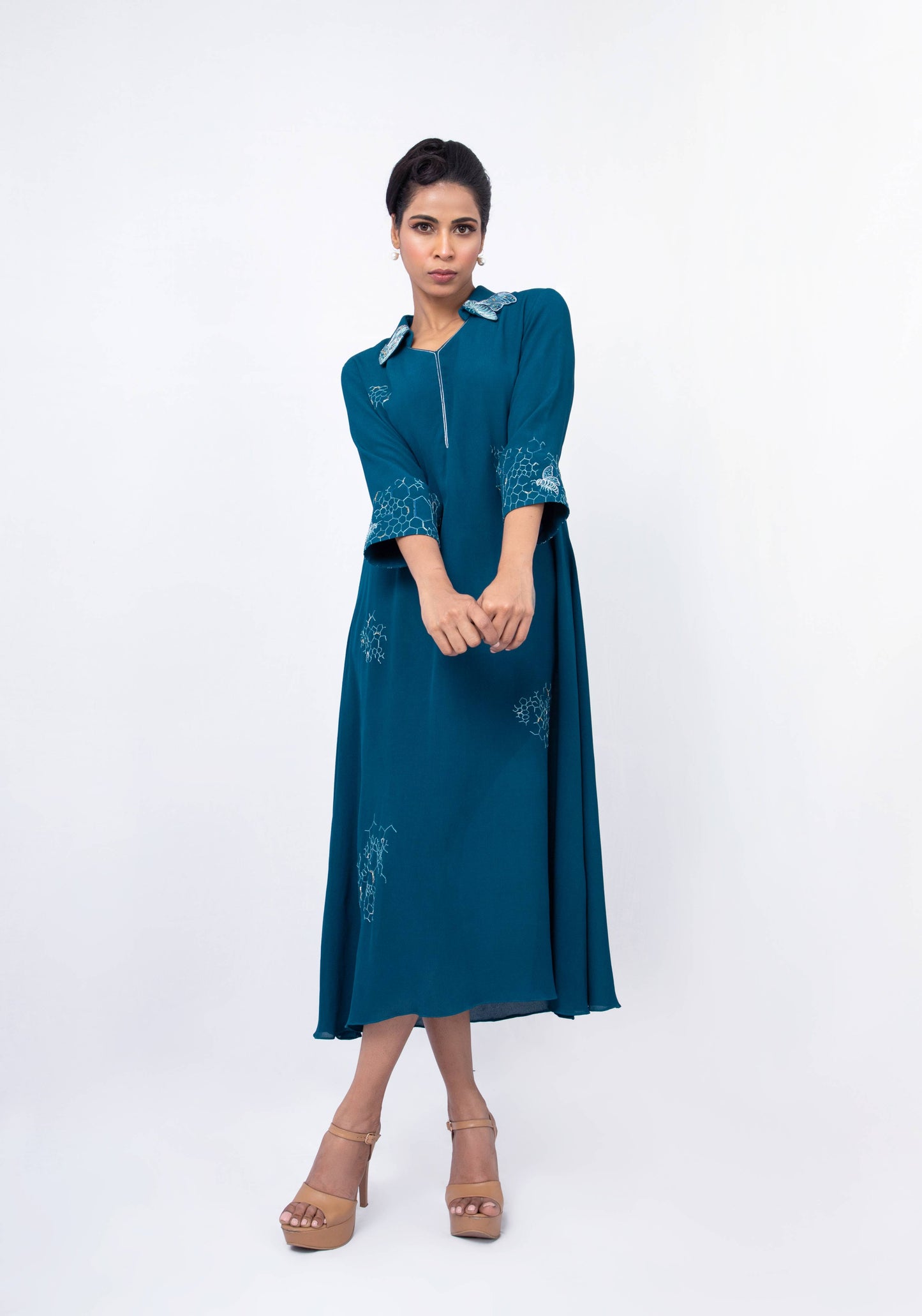 Honey bee  tulip collar dress with all over embroidery - Arimi - House Of Design