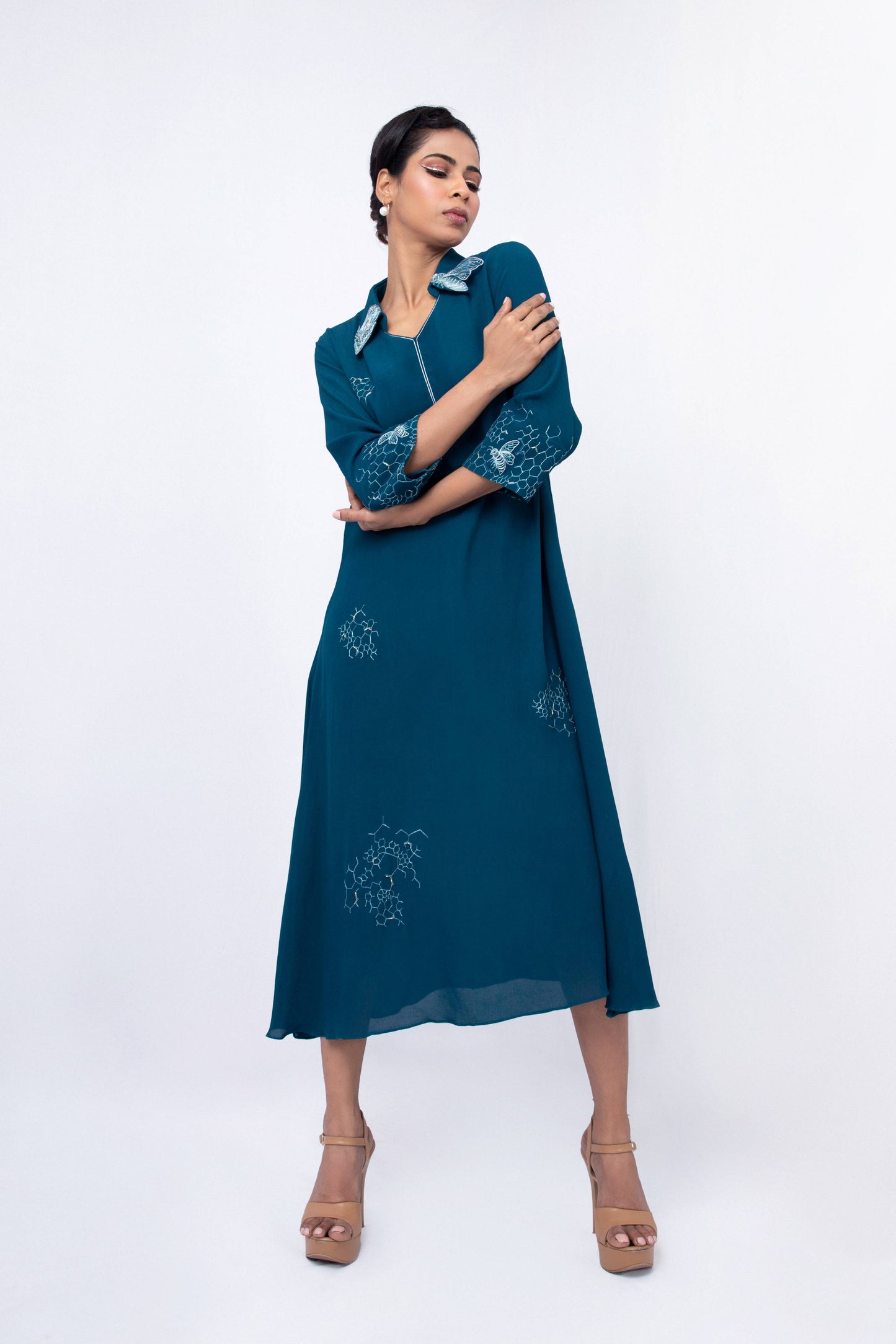 Honey bee  tulip collar dress with all over embroidery - Arimi - House Of Design