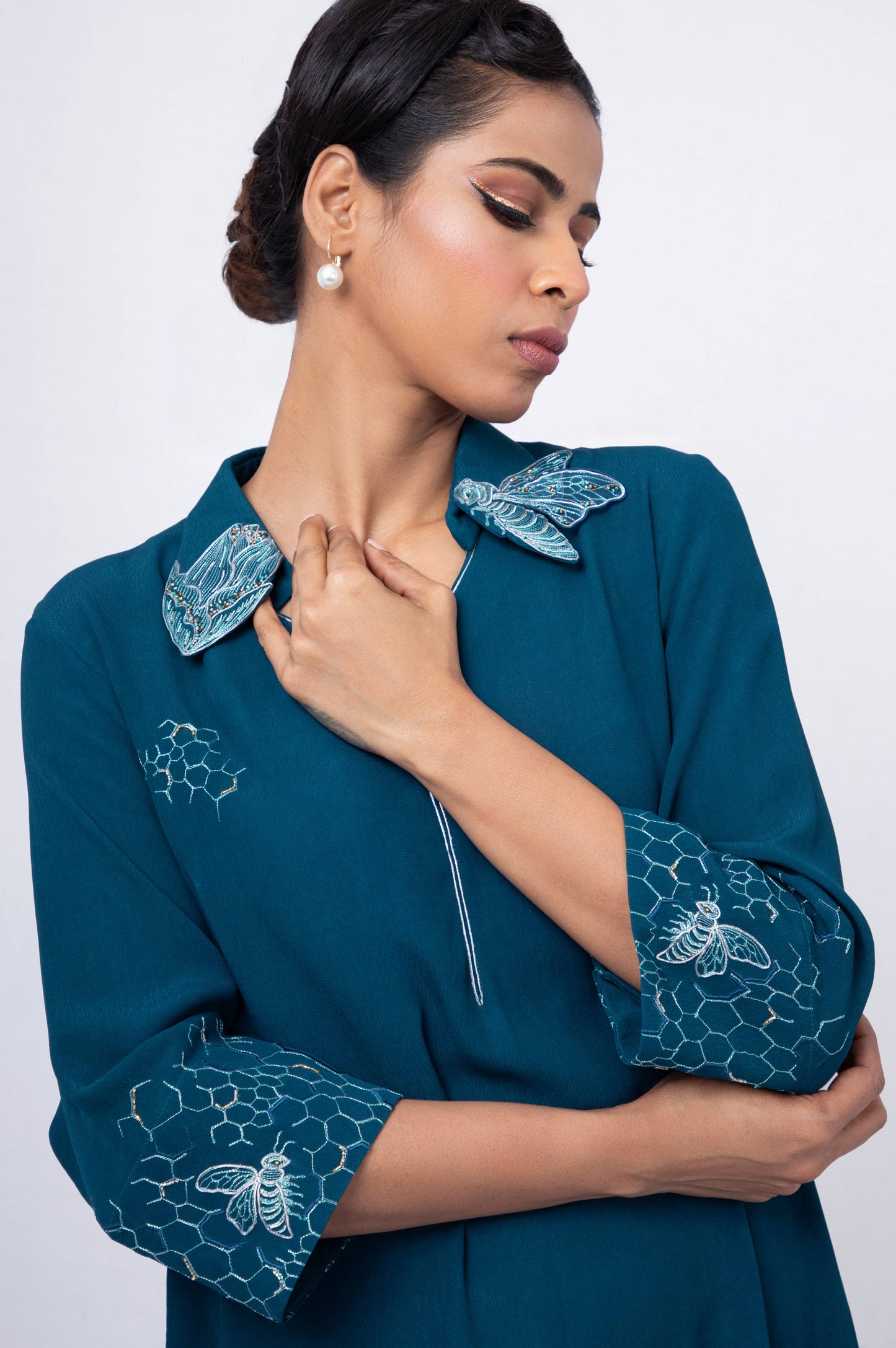 Honey bee  tulip collar dress with all over embroidery - Arimi - House Of Design