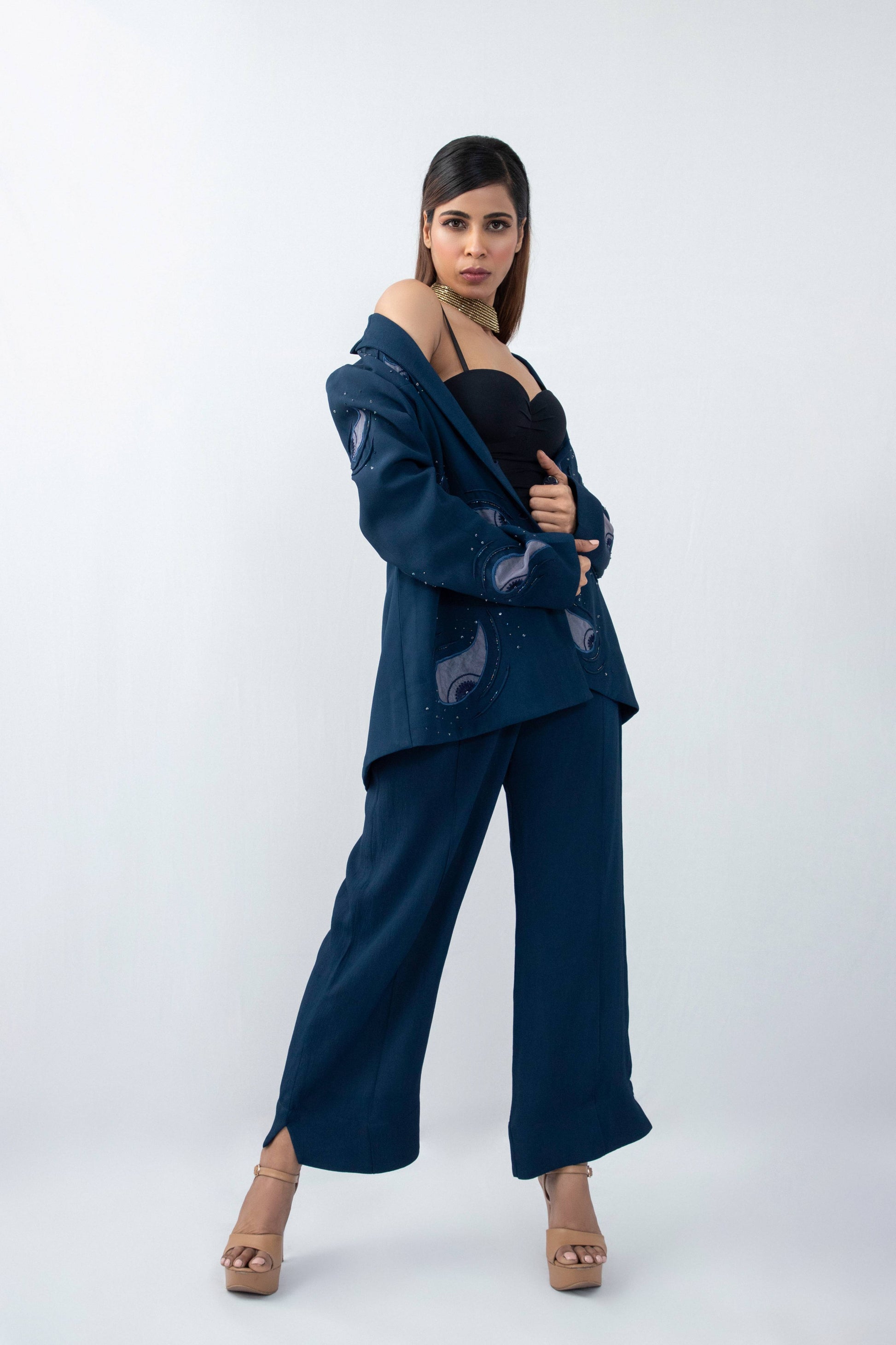 Contemporary paisley  navy blue blazer set - Arimi - House Of Design