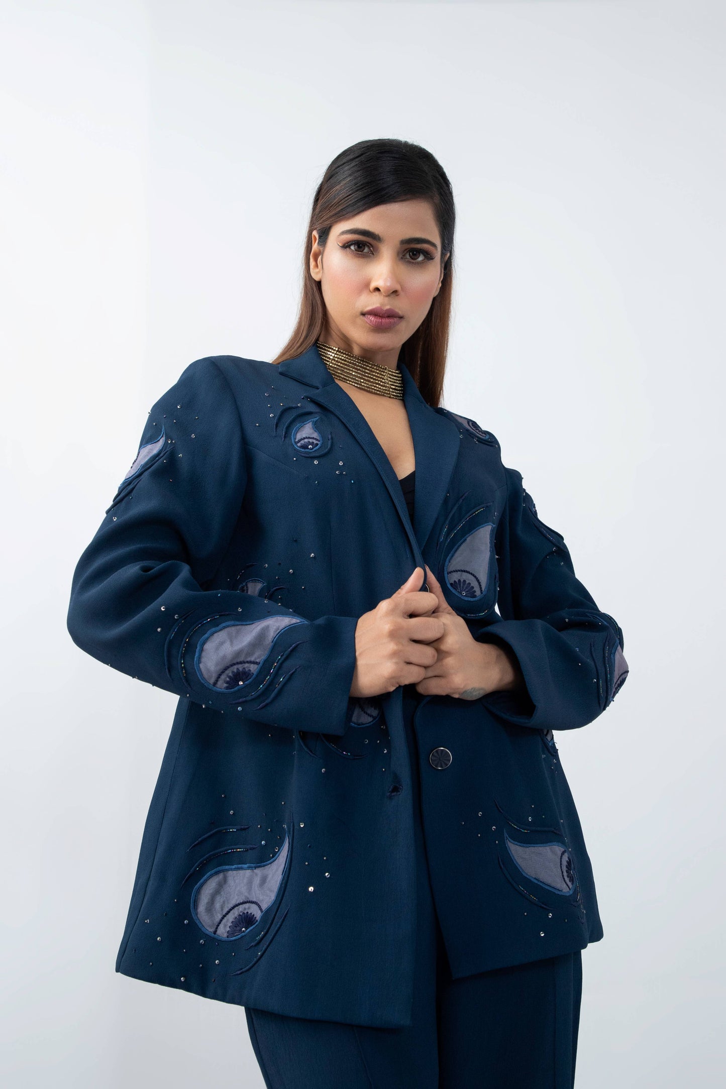 Contemporary paisley  navy blue blazer set - Arimi - House Of Design
