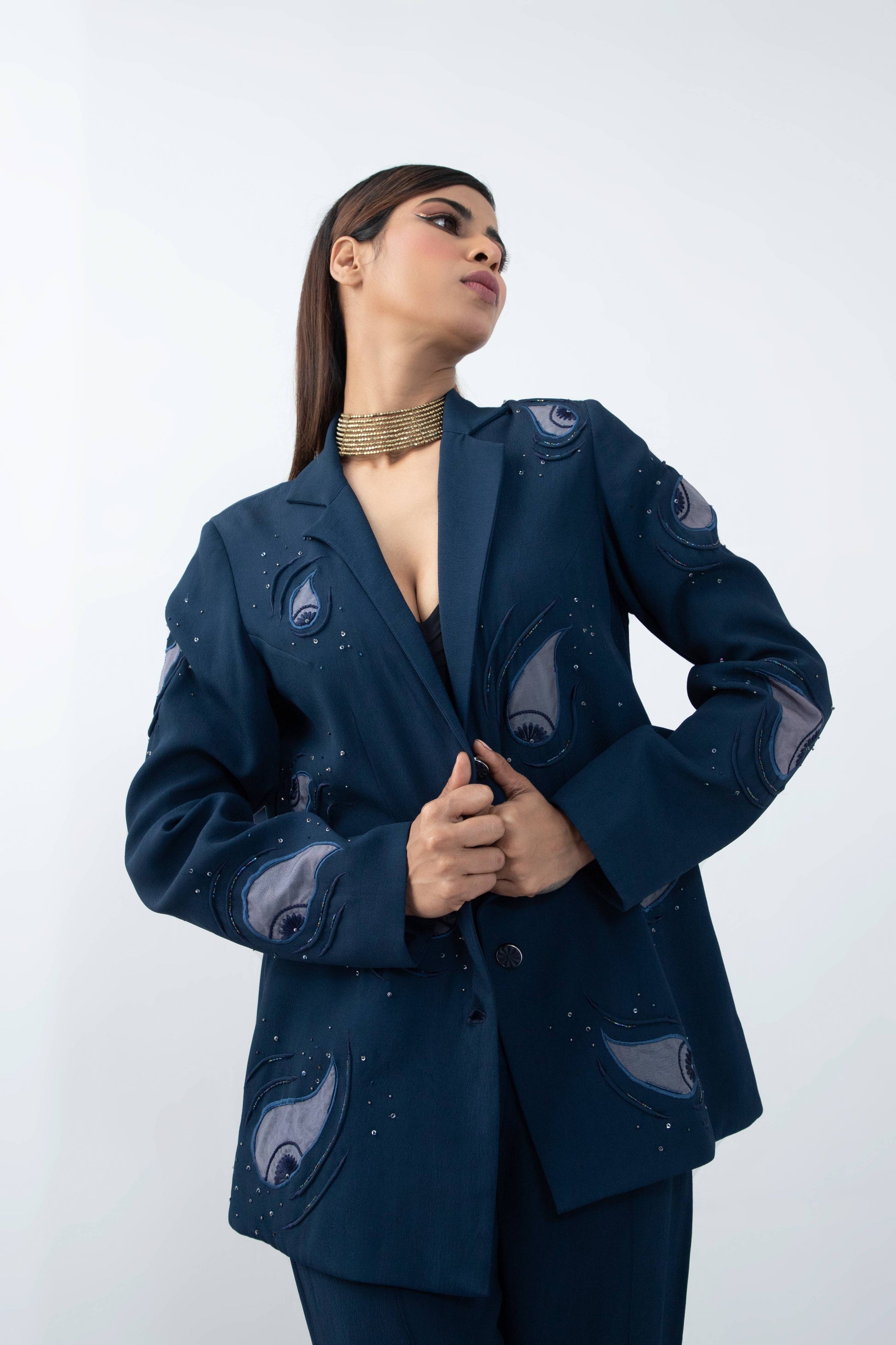 Contemporary paisley  navy blue blazer set - Arimi - House Of Design
