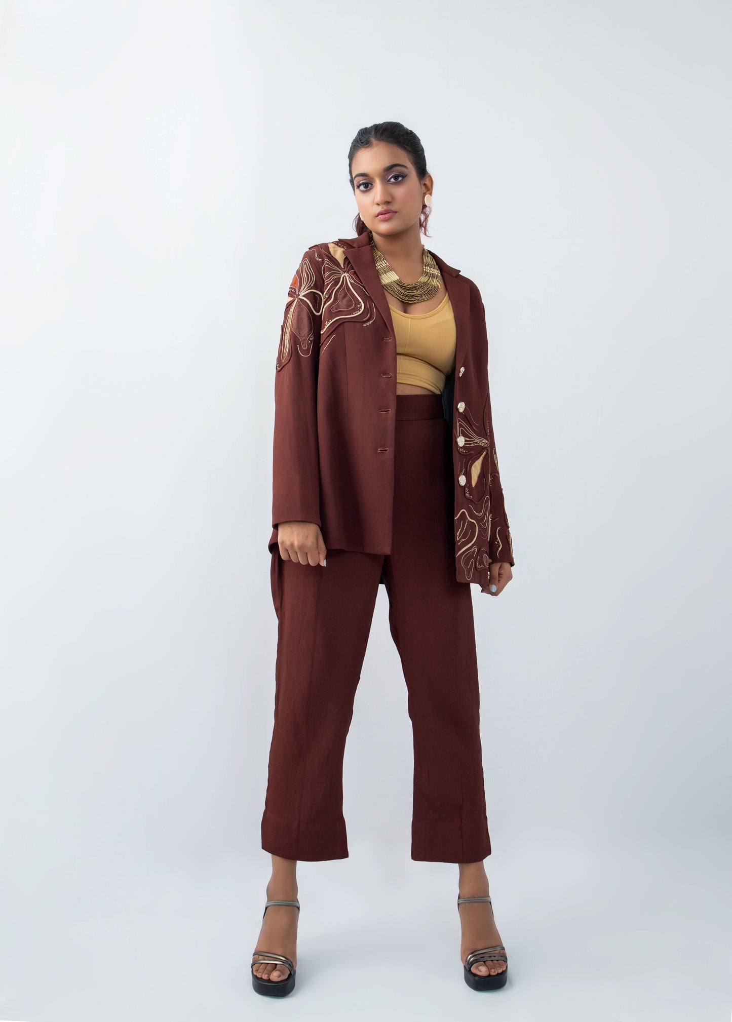 Flow-n-floral  brown blazer set - Arimi - House Of Design