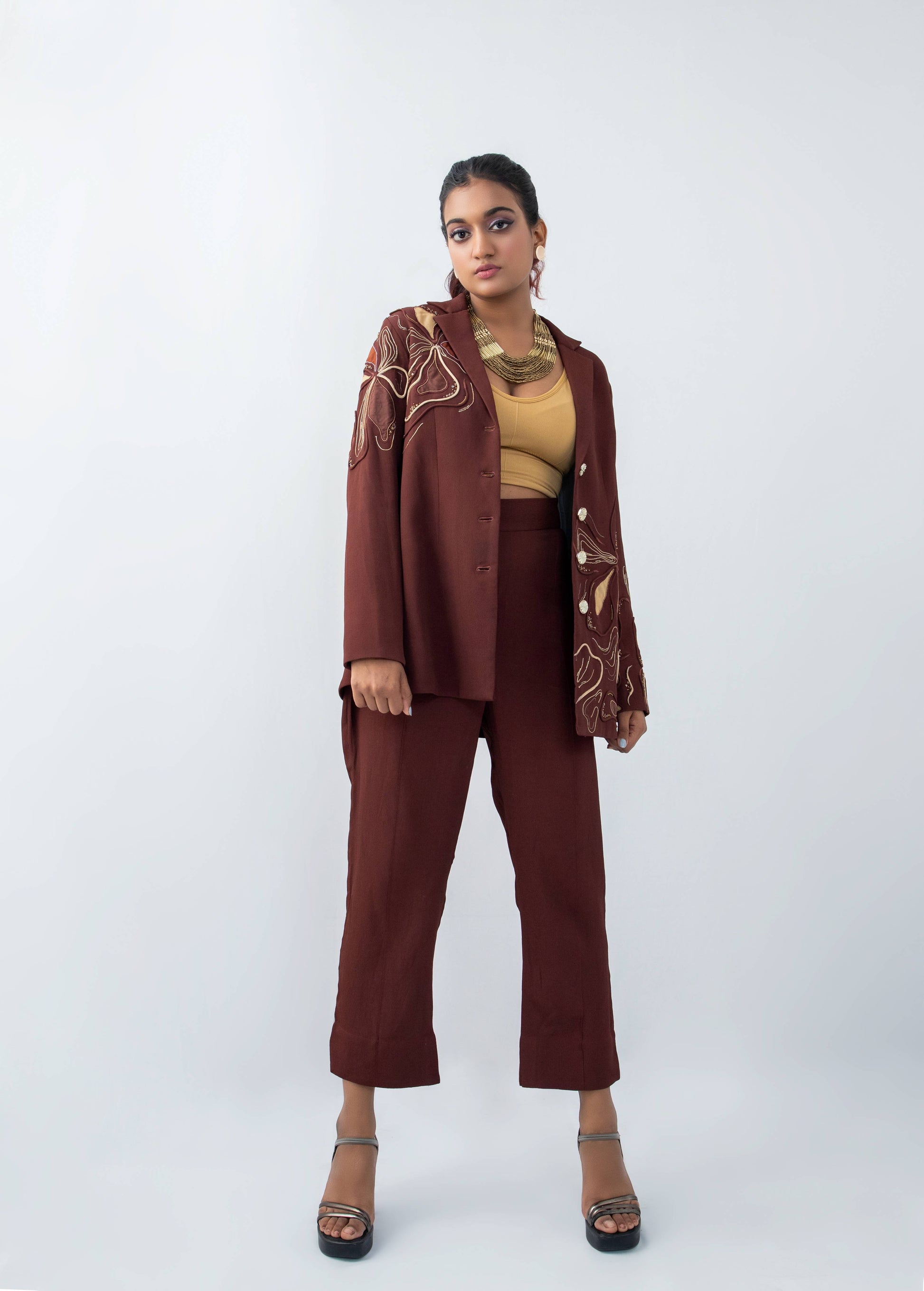 Flow-n-floral  brown blazer set - Arimi - House Of Design