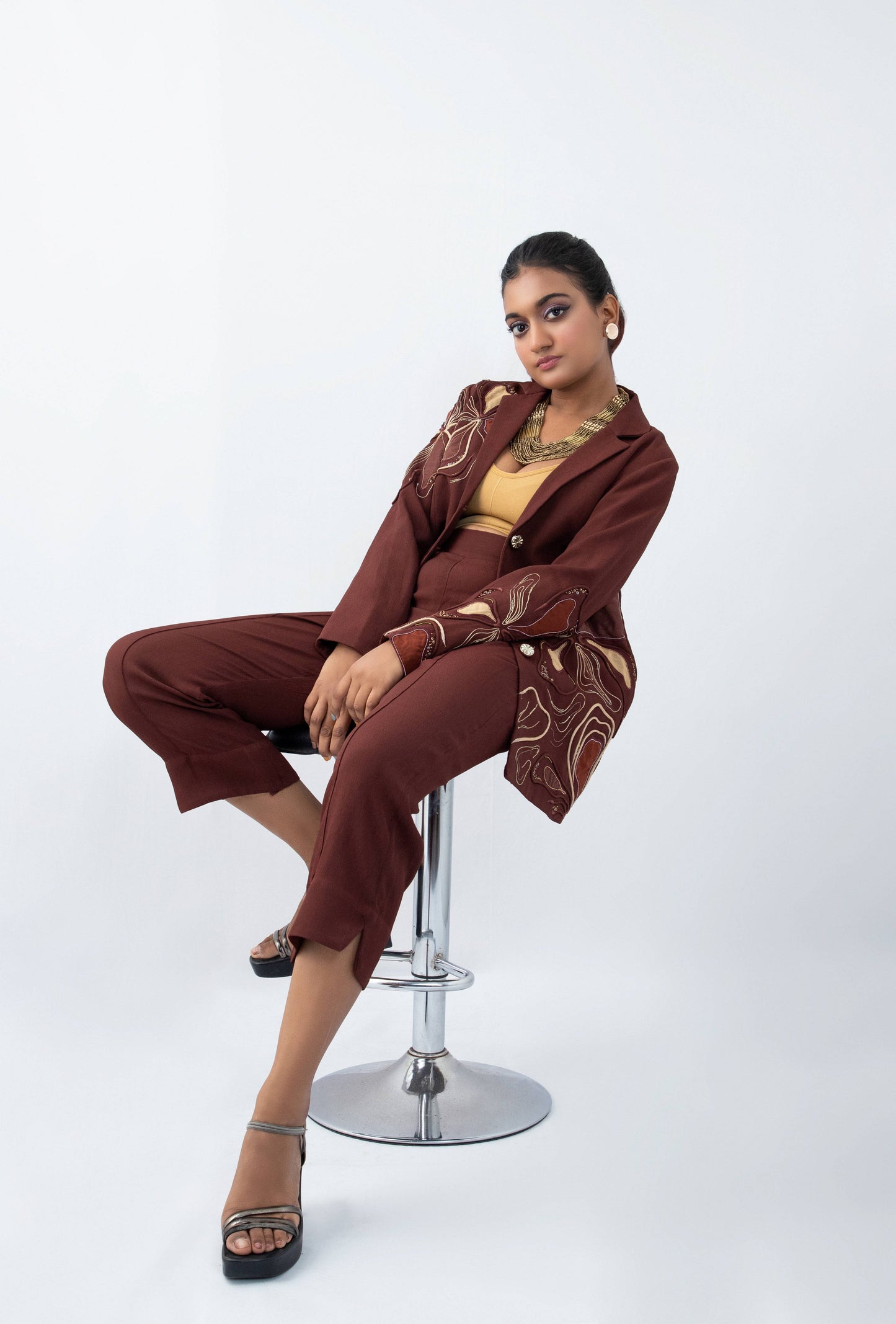 Flow-n-floral  brown blazer set - Arimi - House Of Design