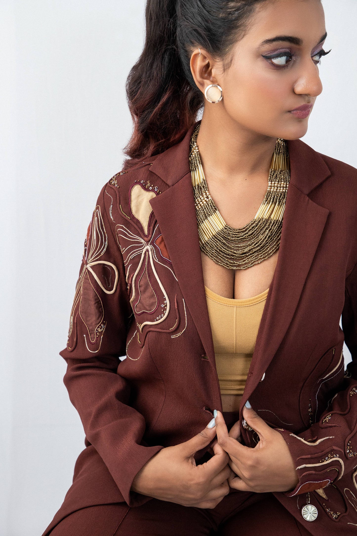 Flow-n-floral  brown blazer set - Arimi - House Of Design