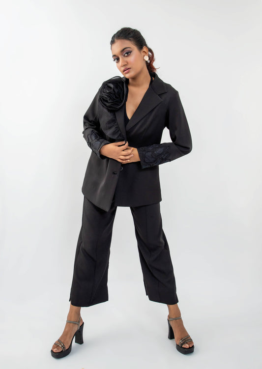 3D Rose collar black  blazer set - Arimi - House Of Design