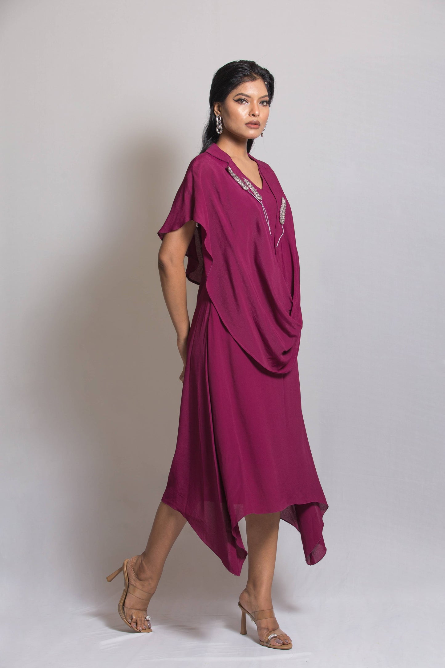 Cowl Dress with Grain Embroidery