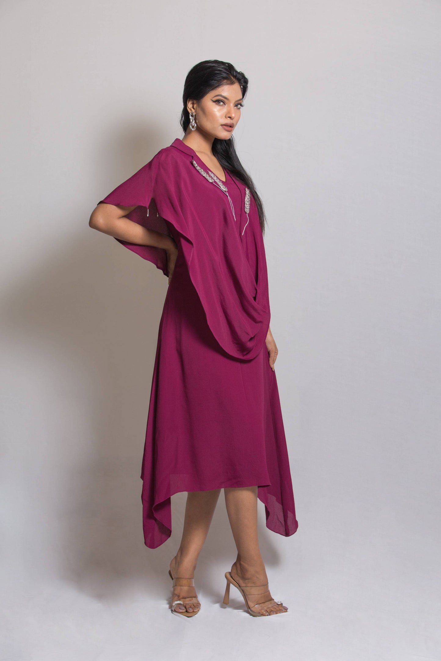 Cowl Dress with Grain Embroidery