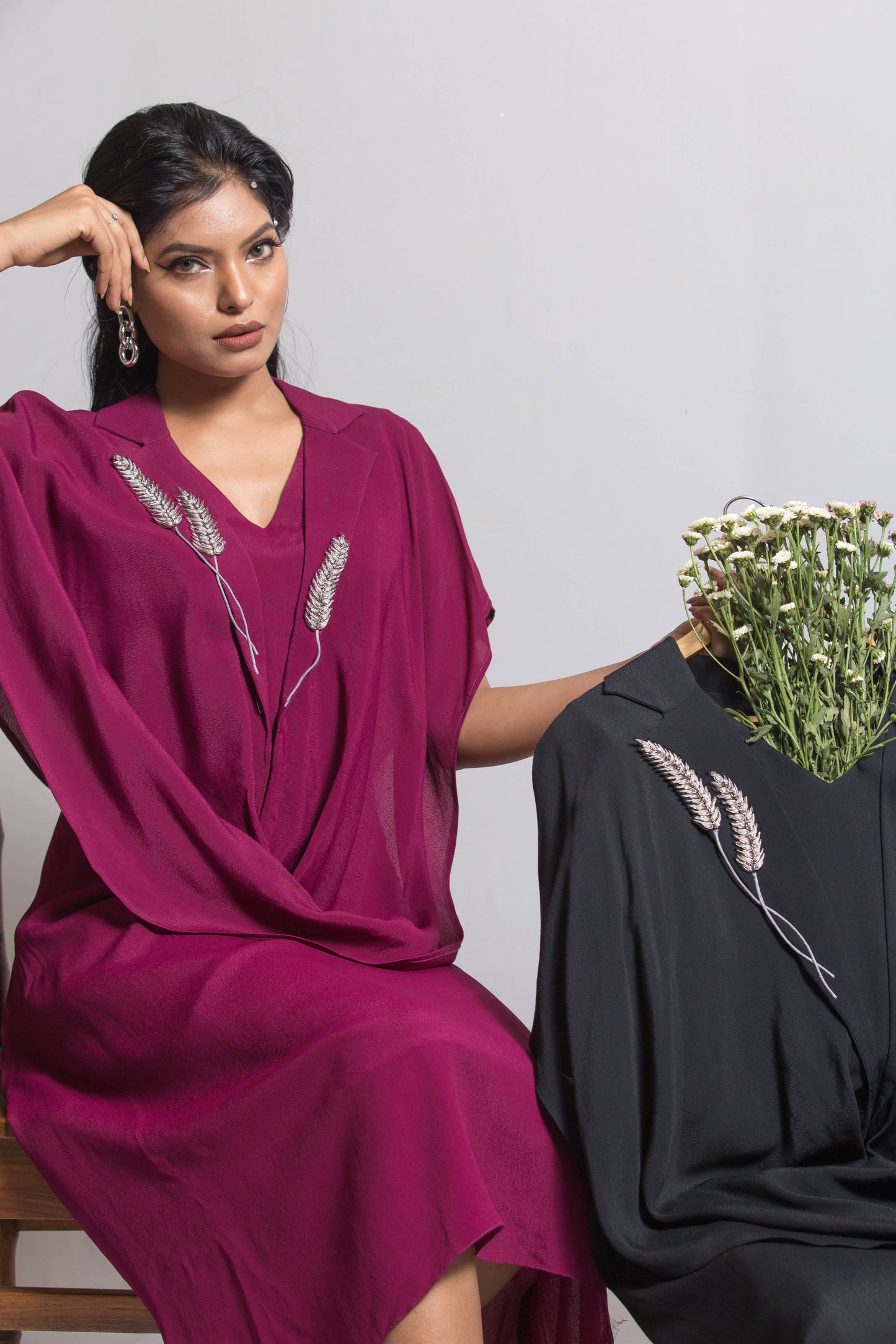 Cowl Dress with Grain Embroidery