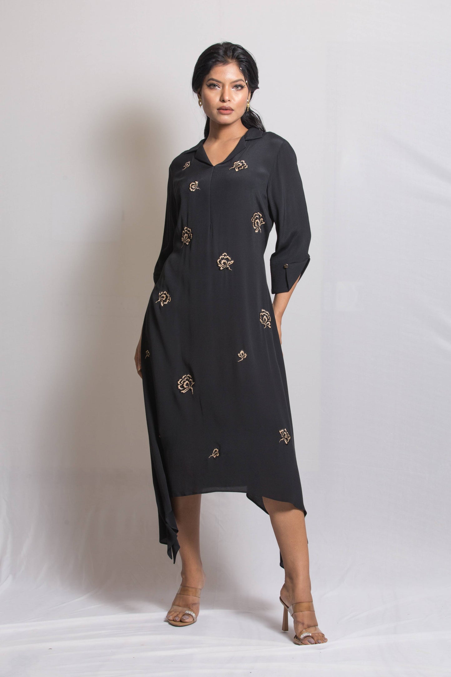 Asymmetric long Dress with Floral Placement Embroidery