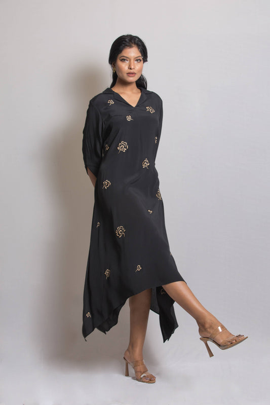 Asymmetric long Dress with Floral Placement Embroidery
