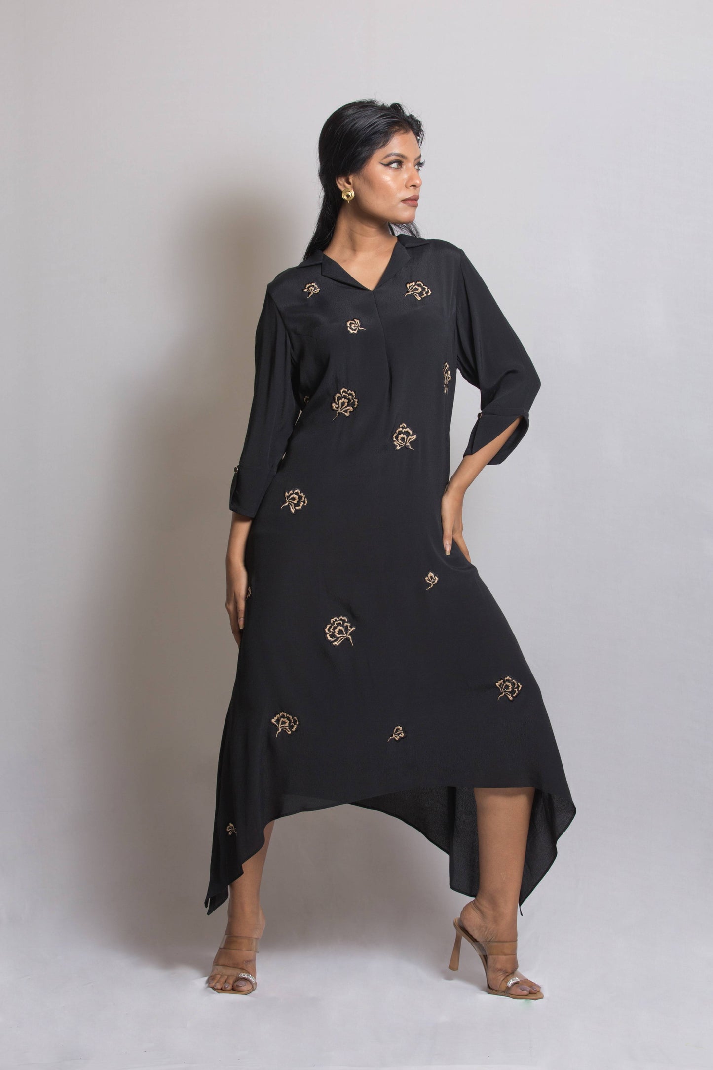 Asymmetric long Dress with Floral Placement Embroidery