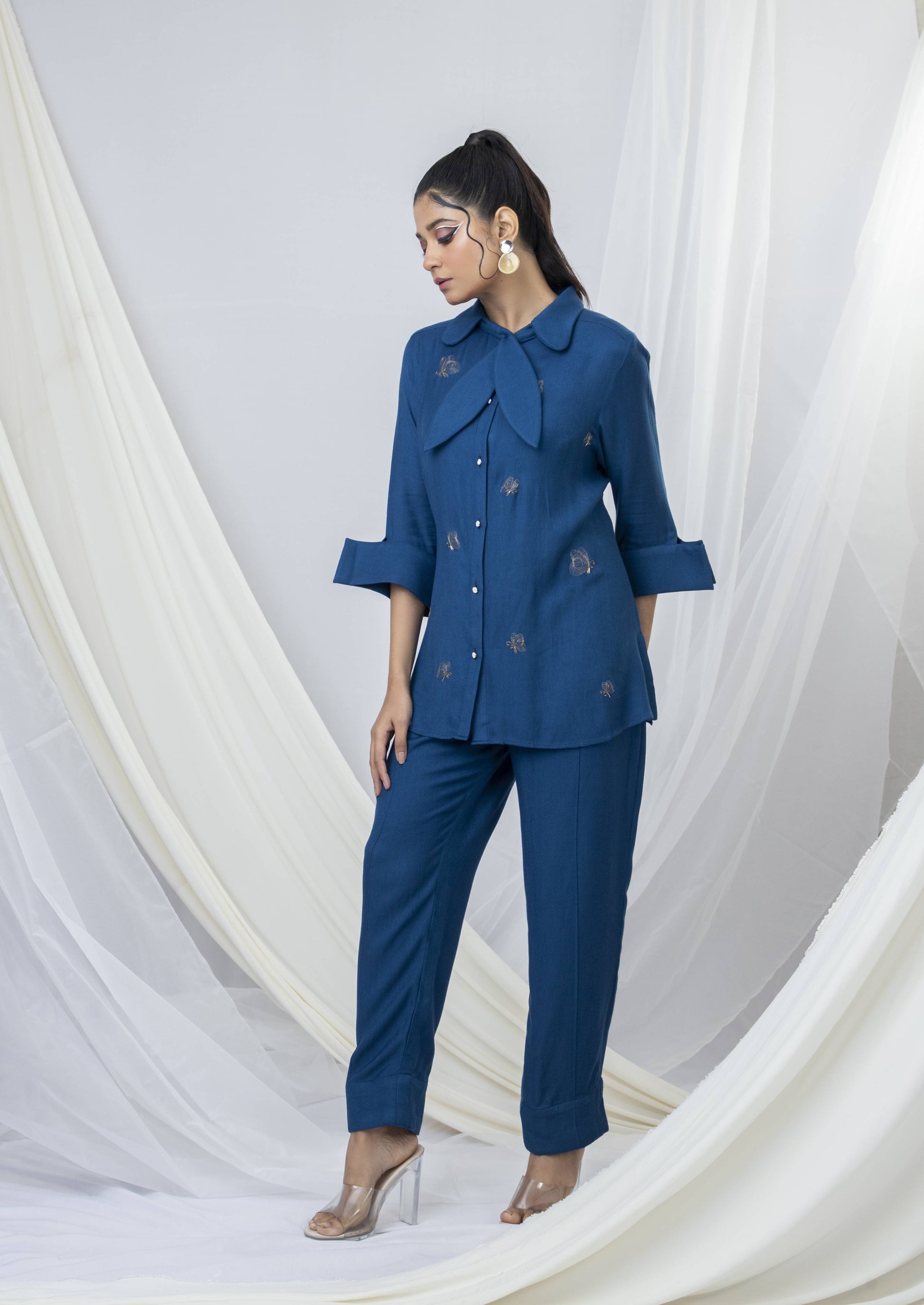 Elegant Scarf Collar Butterfly Placement Co-ord Set - Arimi - House Of Design