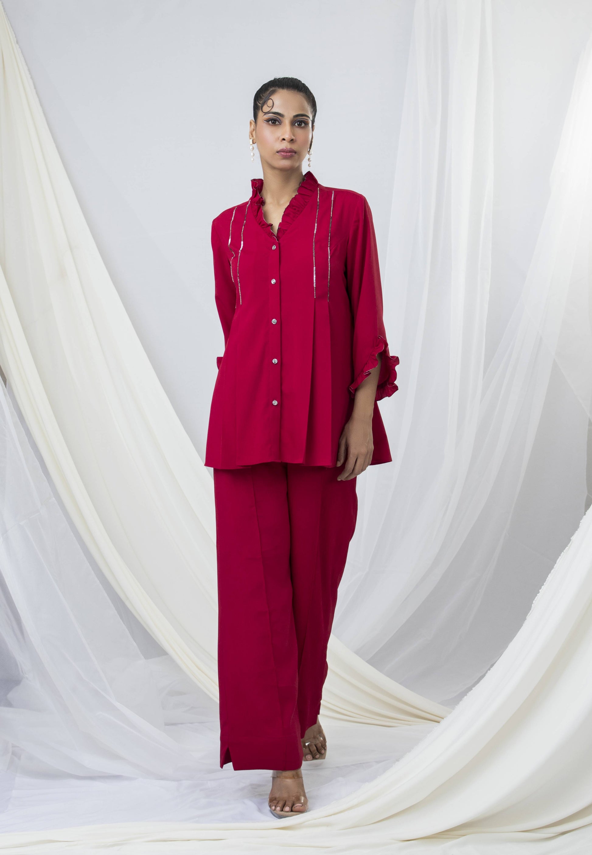 Frill Collar Double Pleated Co-ord Set with  Beaded Embroidery Detail - Arimi - House Of Design