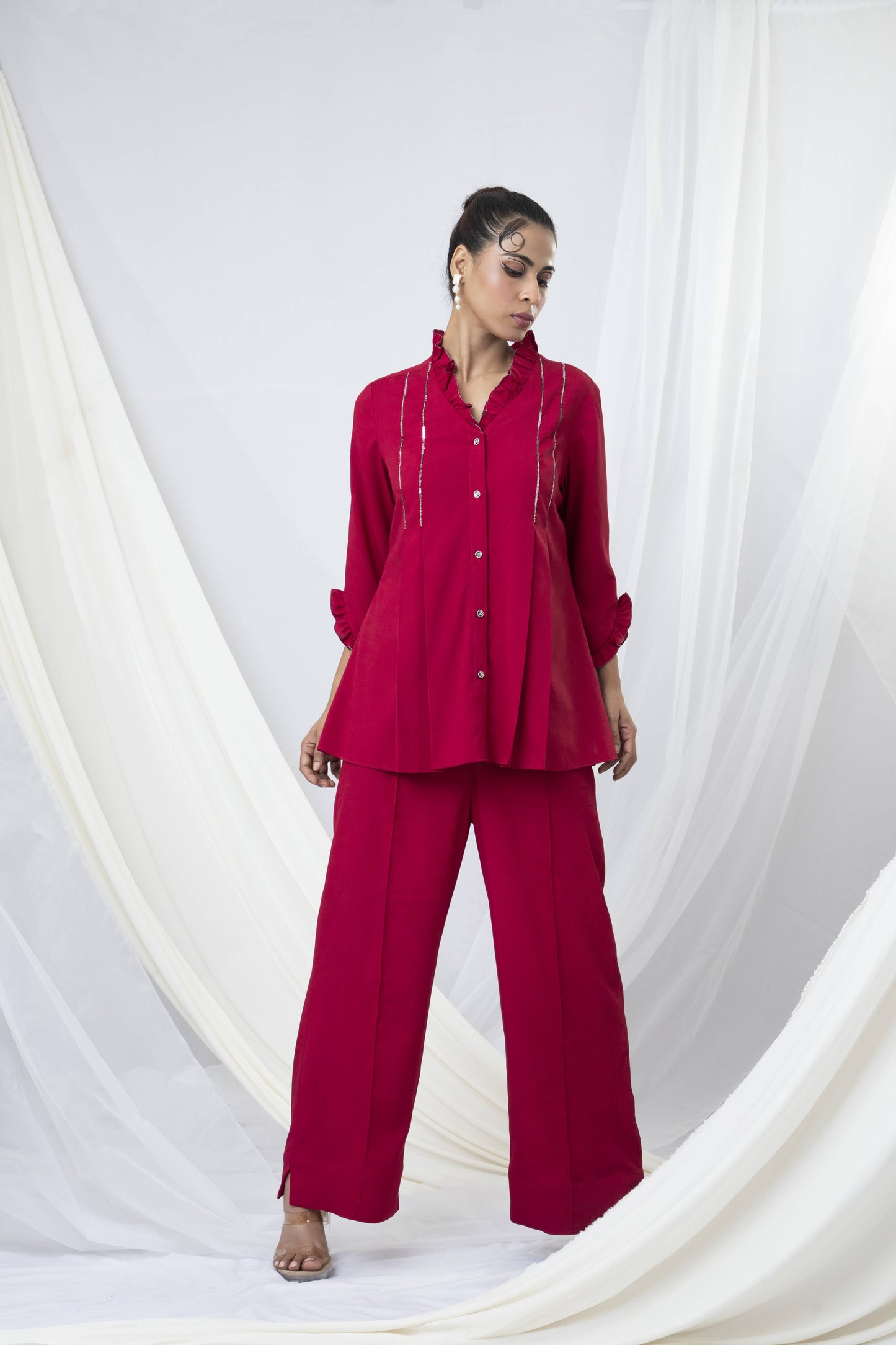Frill Collar Double Pleated Co-ord Set with  Beaded Embroidery Detail - Arimi - House Of Design
