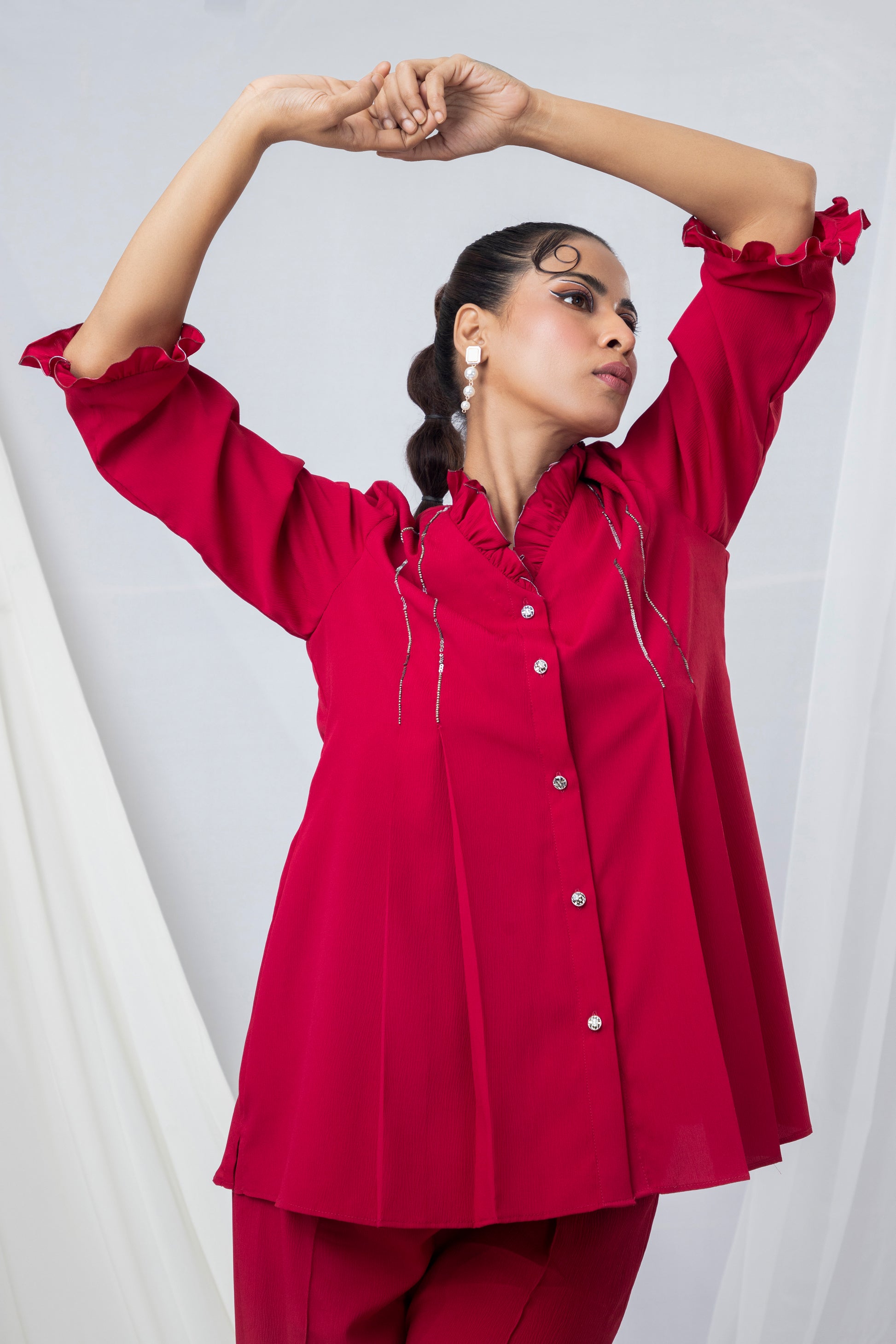 Frill Collar Double Pleated Co-ord Set with  Beaded Embroidery Detail - Arimi - House Of Design