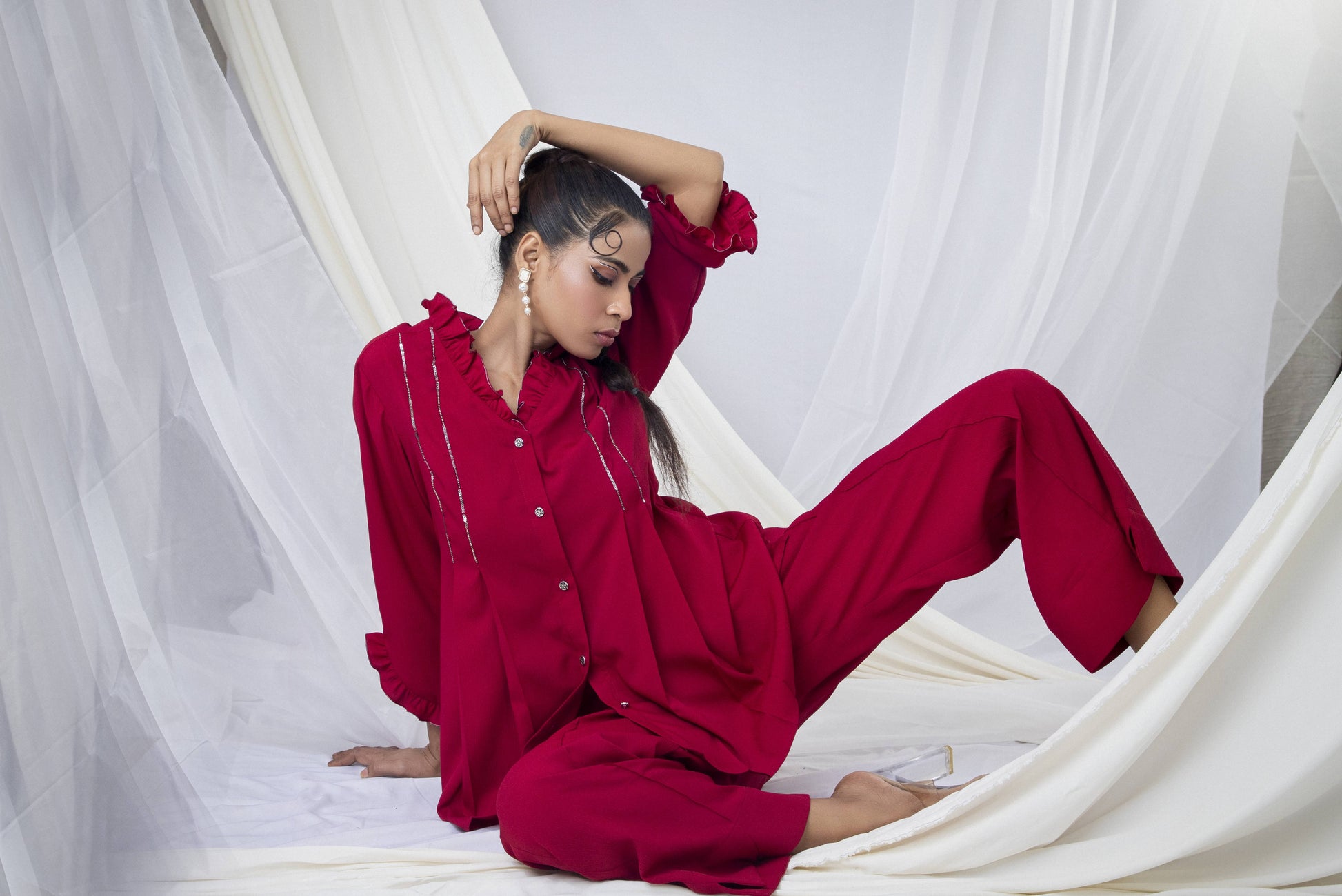 Frill Collar Double Pleated Co-ord Set with  Beaded Embroidery Detail - Arimi - House Of Design