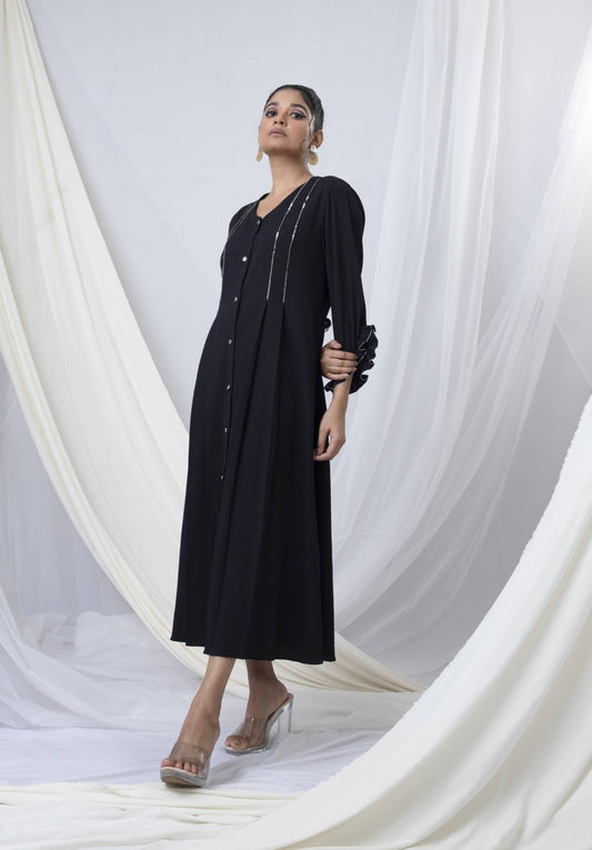 Frill Collar Double Pleated   A-Line Dress with Beaded Embroidery Detail - Arimi - House Of Design