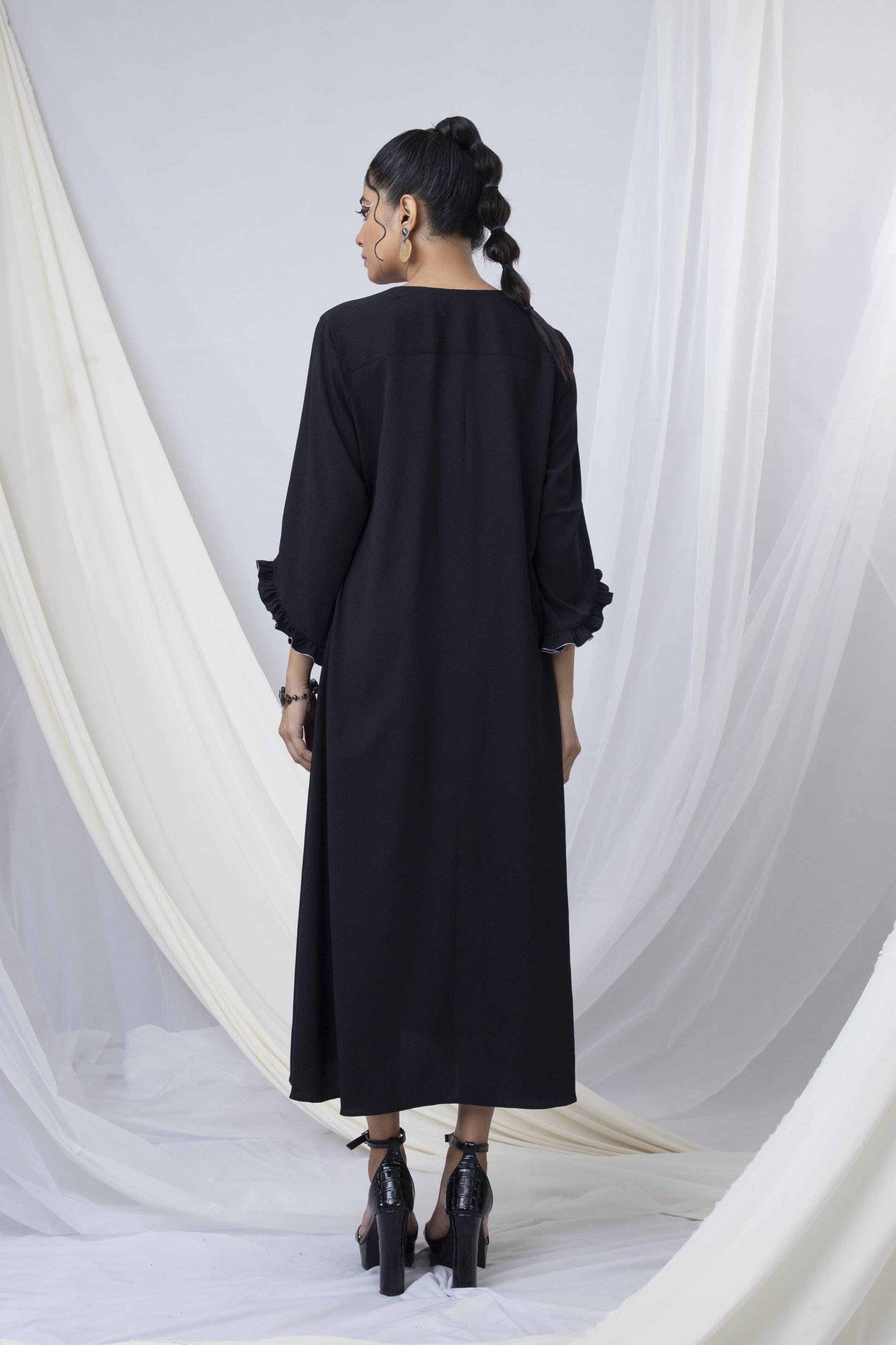 Frill Collar Double Pleated   A-Line Dress with Beaded Embroidery Detail - Arimi - House Of Design