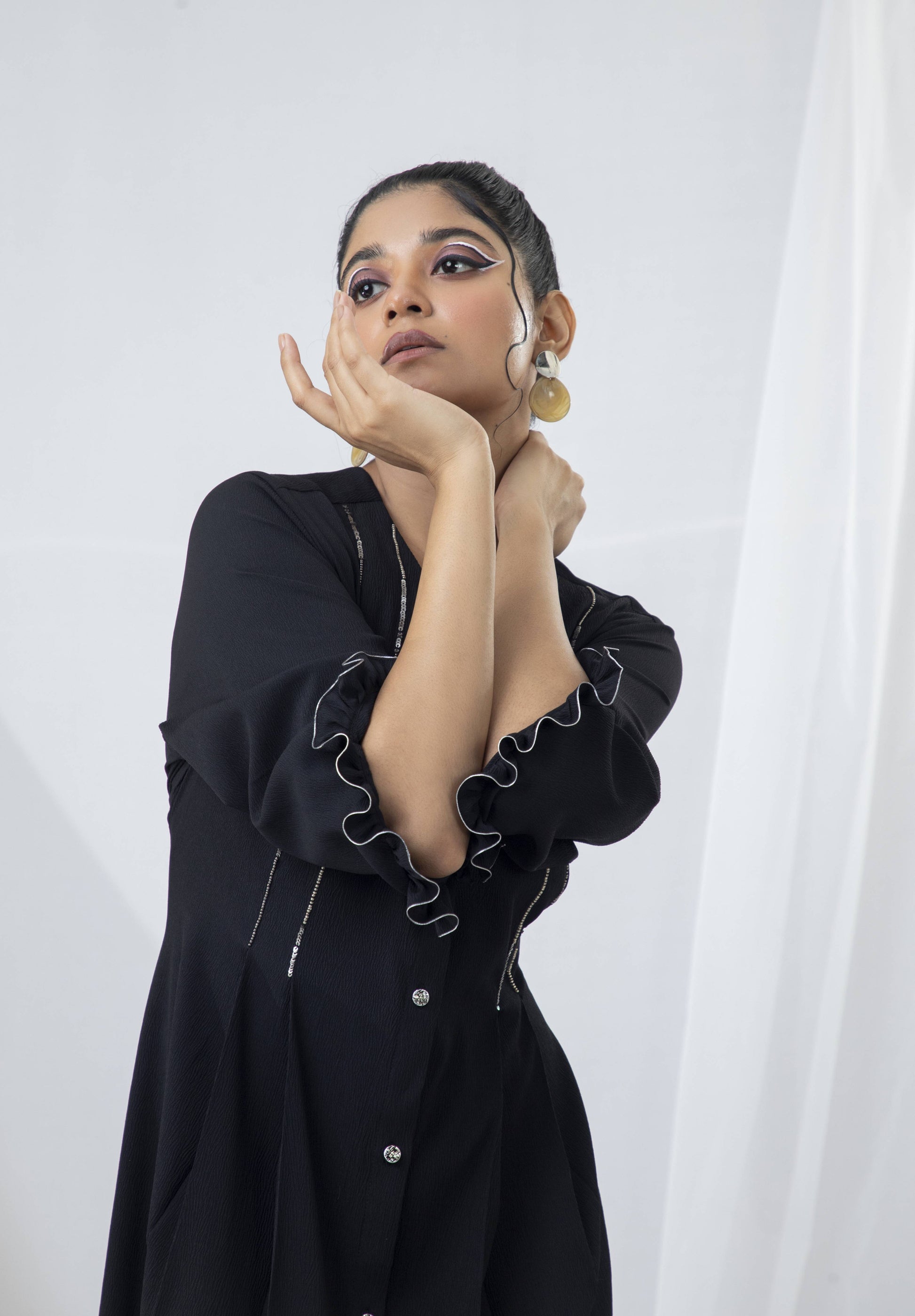 Frill Collar Double Pleated   A-Line Dress with Beaded Embroidery Detail - Arimi - House Of Design